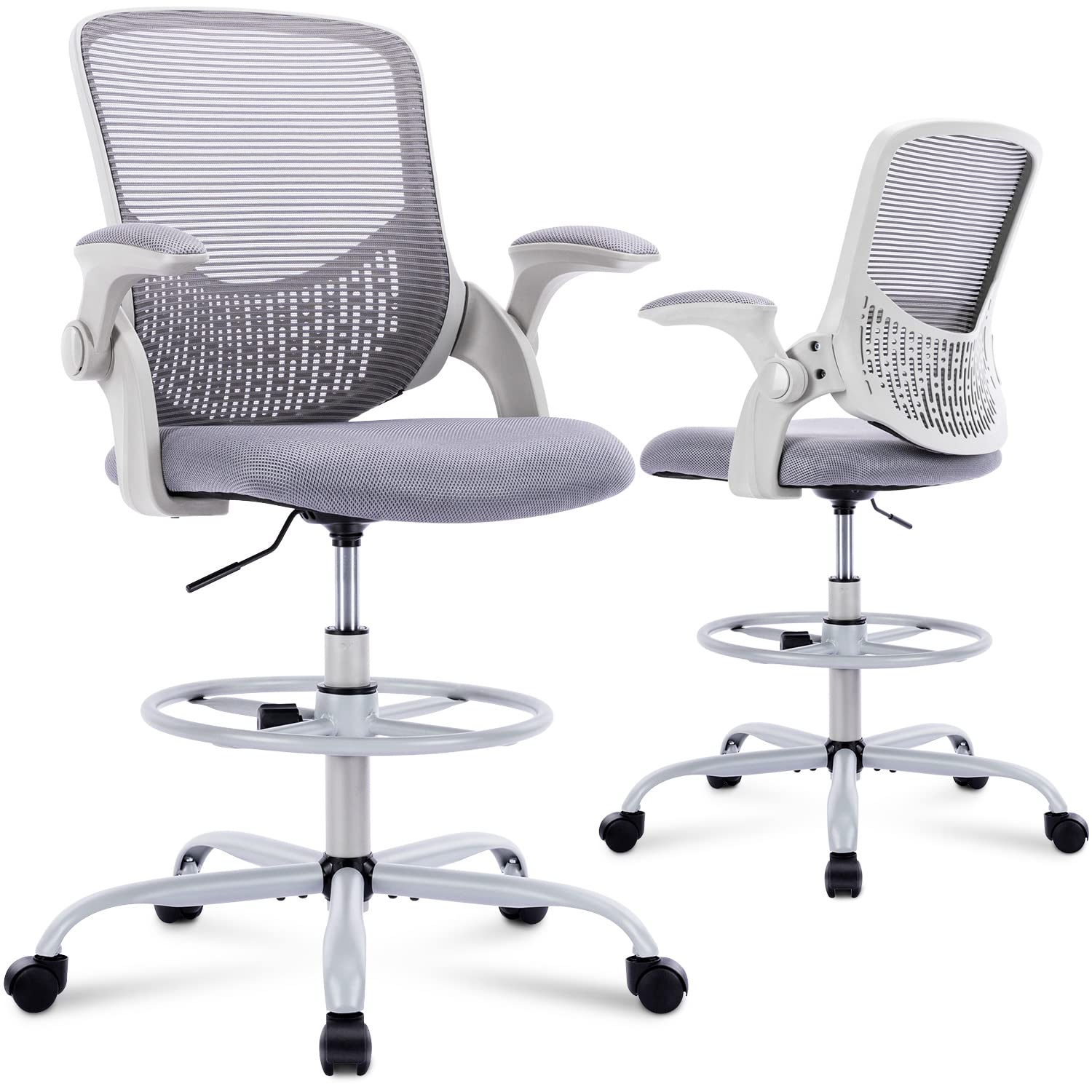 Adjustable Height Office Chair - Ergonomic Drafting & Standing Desk Chair with Flip-Up Armrests & Foot Ring - Mesh Computer Rolling Chair for Bar Counter & Home Office Workspace
