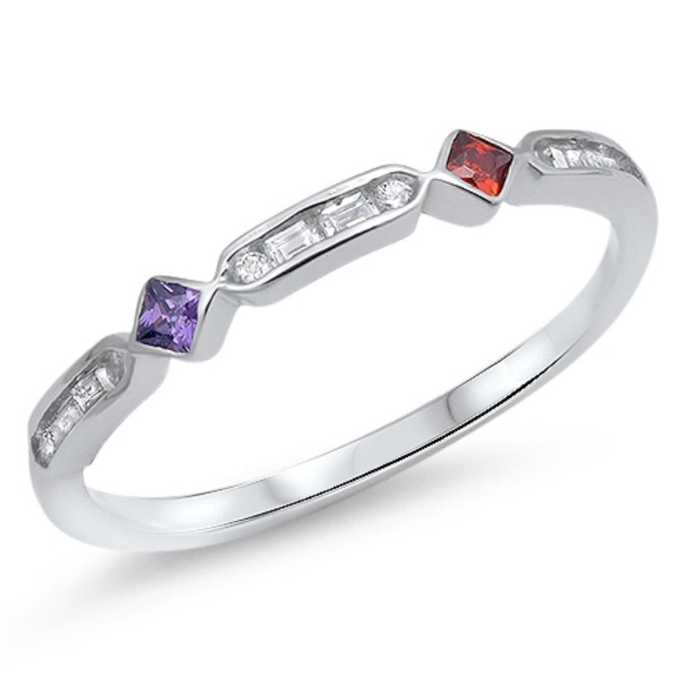 2mm Half Eternity Stackable Band Ring - Multicolor Princess Cut Bezel Set with Amethyst, Garnet & Round Baguette CZ Diamonds in Solid 925 Sterling Silver | Perfect for Layering, Anniversary Gifts & Everyday Elegance