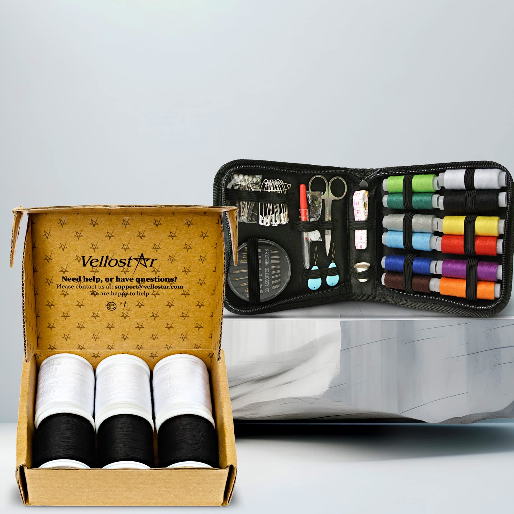 Vellostar Small Black Sewing Kit with Thread Set - Essential Sewing Supplies for Basic Repairs & Emergency Fixes | Perfect for Travel, Home, Office & DIY Projects