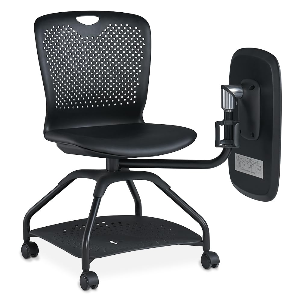 NBF Signature Series Armless Swivel Tablet Chair - White Plastic Back & Ocean Polyurethane Seat - Durable Mobile Office Chair with Adjustable Tablet Arm & Heavy-Duty Steel Frame - Perfect for Classrooms, Home Offices & Study Areas