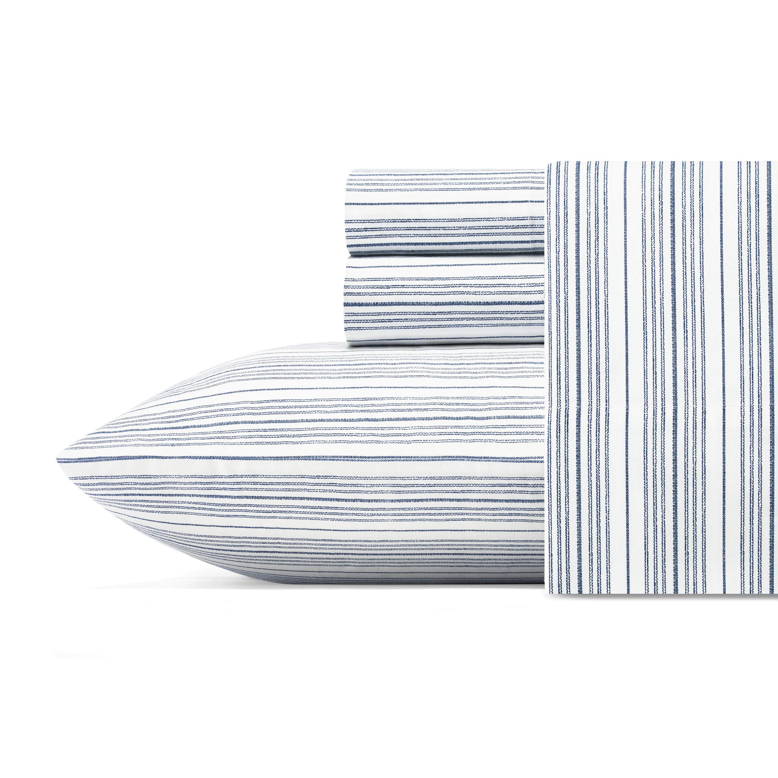 Nautica Twin Cotton Percale Bedding Set - Coastal Striped Navy Blue Sheets for Twin Beds | Soft & Breathable for Summer & Guest Room Comfort