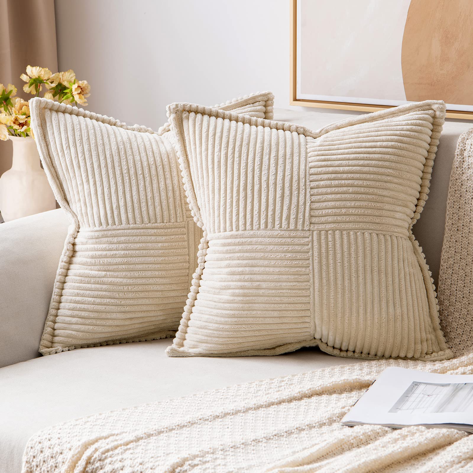 MIULEE Set of 2 Soft Corduroy Boho Striped Pillow Covers - 24x24 Inch Decorative Throw Pillow Cases for Couch, Sofa & Living Room - Beige & White Splicing Design - Perfect for Spring Home Decor, Cozy Reading Nook or Boho Chic Bedroom Accent