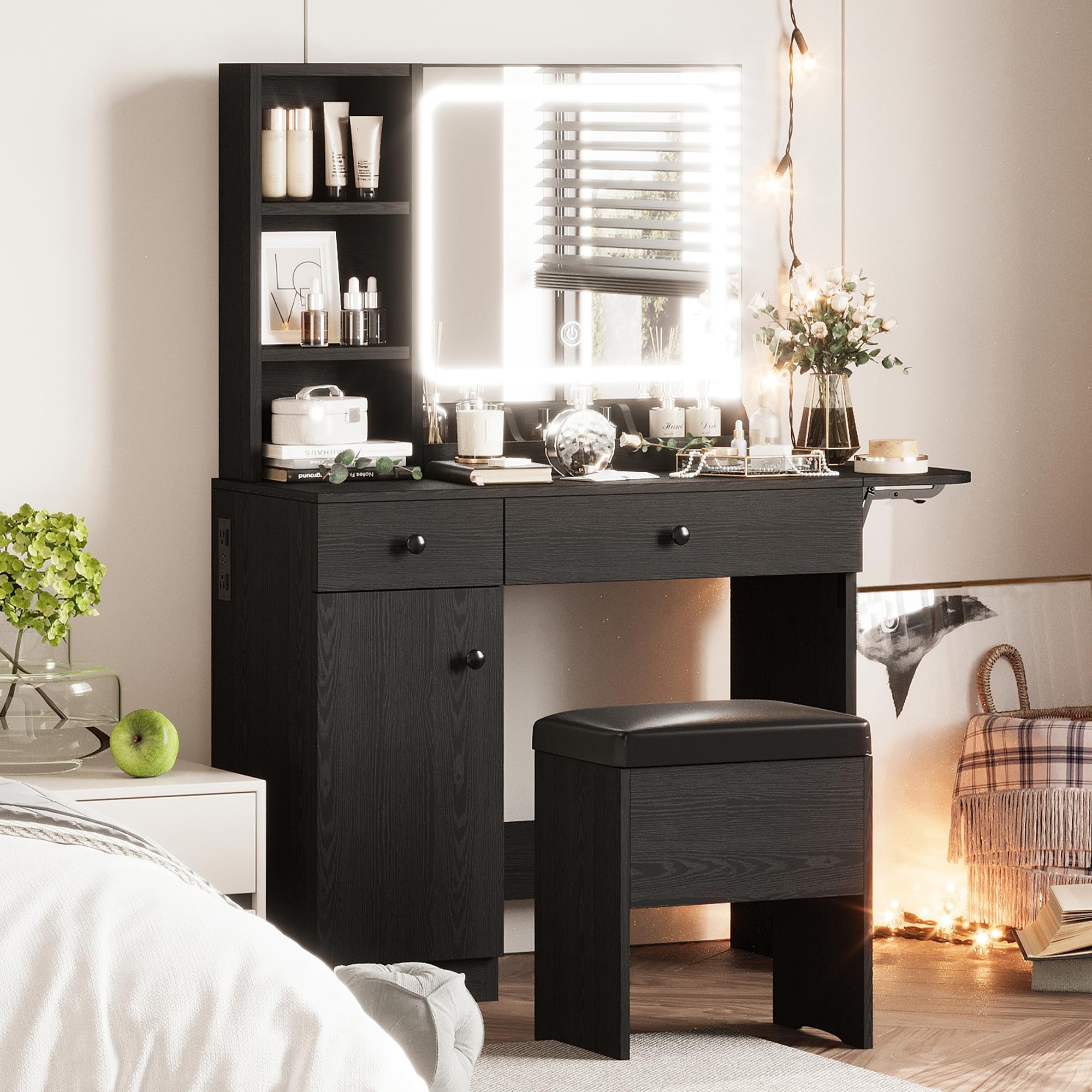 IRONCK Vanity Desk with LED Lighted Mirror, Power Outlet & Storage Stool - Makeup Dressing Table with Drawers & Cabinet for Bedroom, Black - Perfect for Beauty Routine & Home Decor
