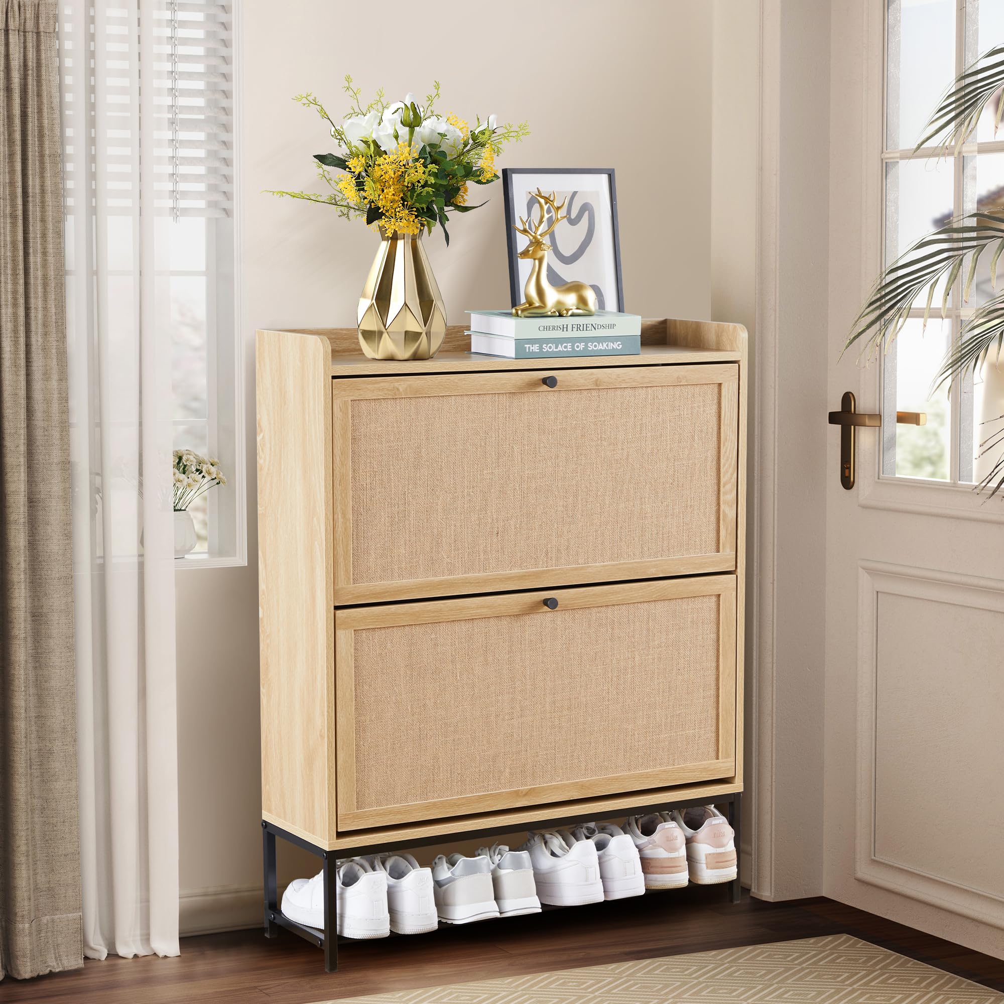 LEVNARY Wooden Shoe Storage Cabinet with 2 Flip Drawers - Narrow Freestanding Shoe Rack Organizer for Entryway & Hallway - Natural Oak Finish with Sturdy Metal Legs - Perfect for Small Spaces, Apartment Living & Closet Organization