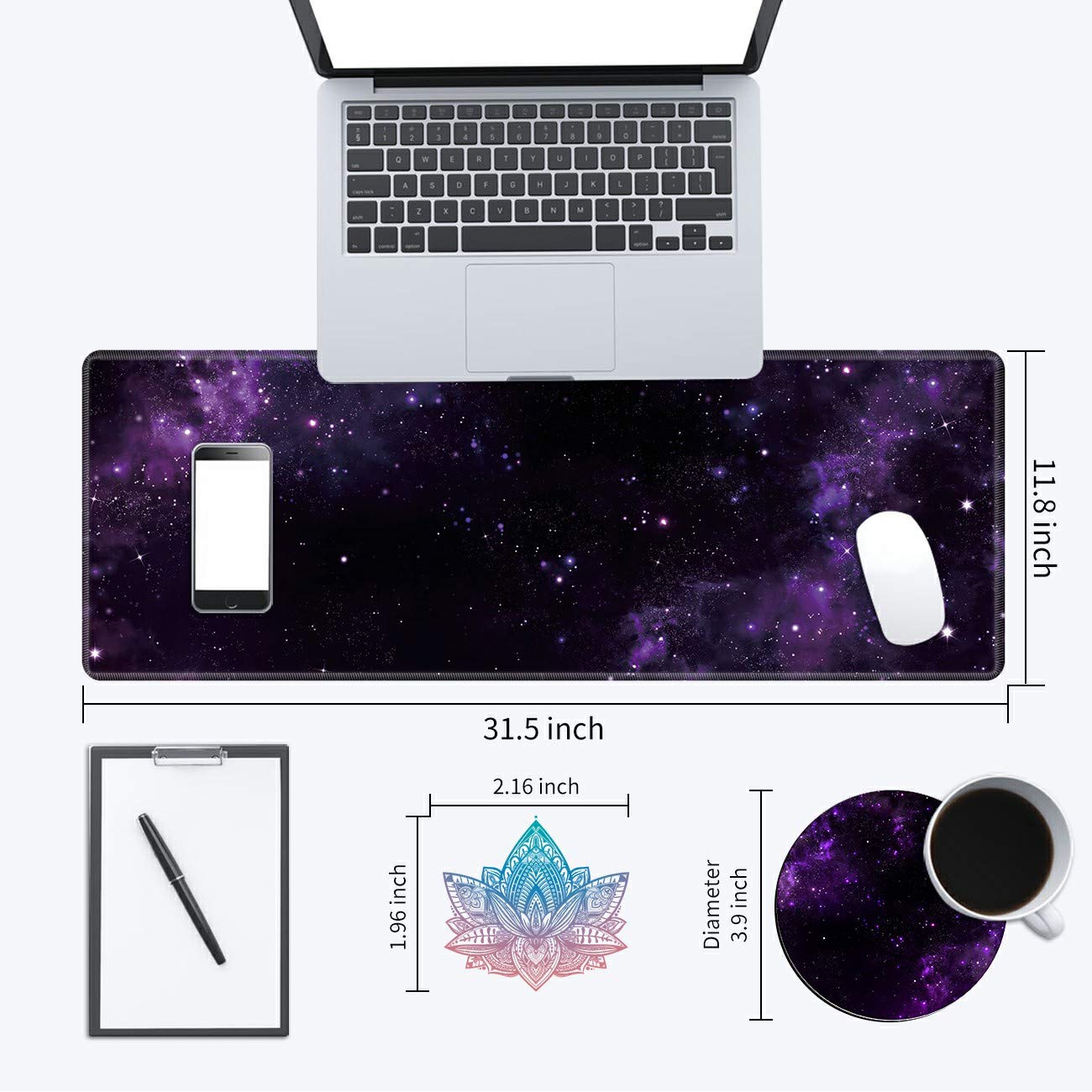 XXL Extended Gaming Mouse Pad with Non-Slip Base & Stitched Edges - Large Desk Mat for Keyboard & Mouse - Perfect for Office Work, PC Gaming & Home Use - Purple Galaxy Design with Bonus Cute Coasters Stickers - Ideal for Gamers, Programmers & Remote Workers
