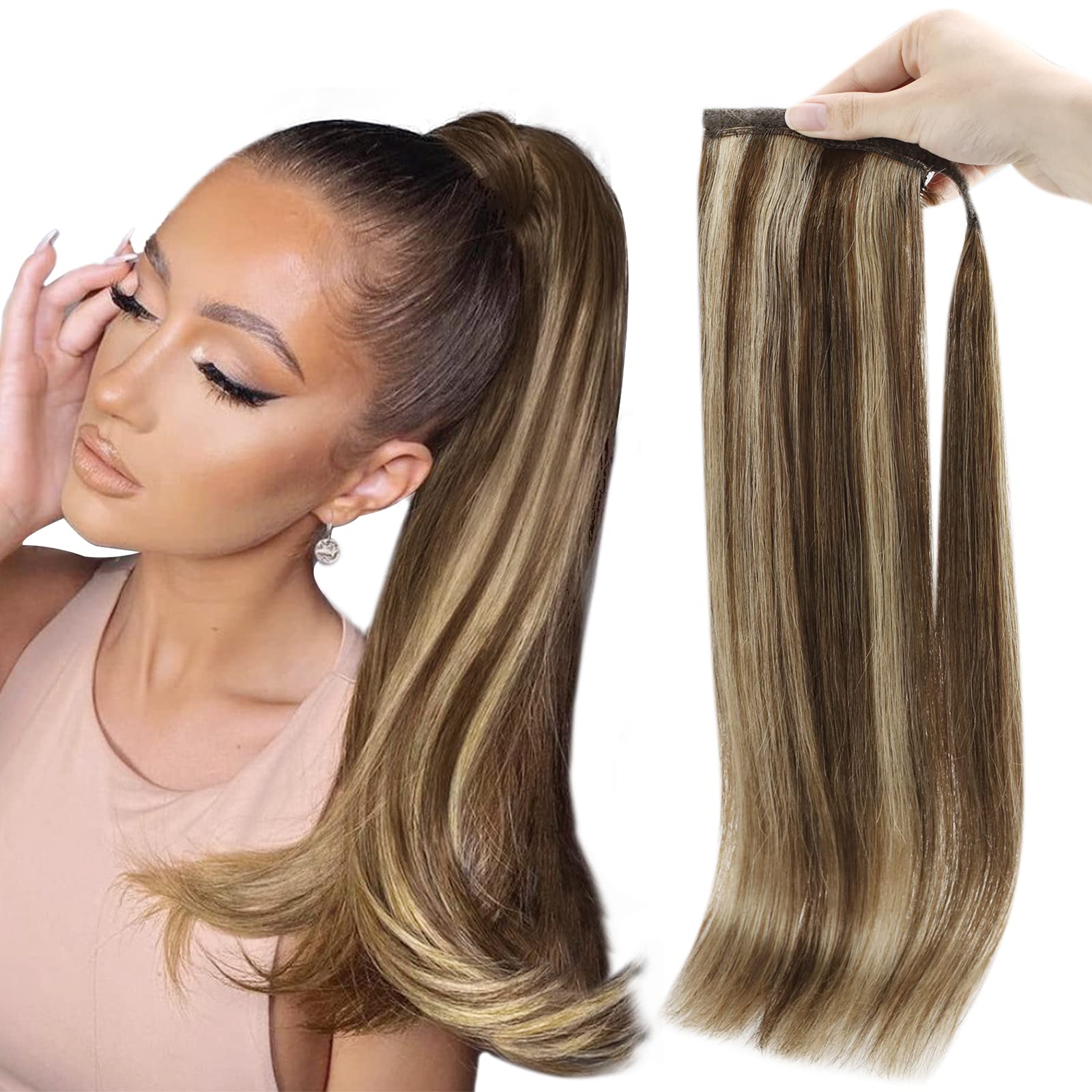 Full Shine 22 Inch Human Hair Ponytail Clip Ins - Medium Brown with Honey Blonde Highlights | 80g Real Human Hair Extensions for Women | Perfect for Parties, Weddings & Daily Styling