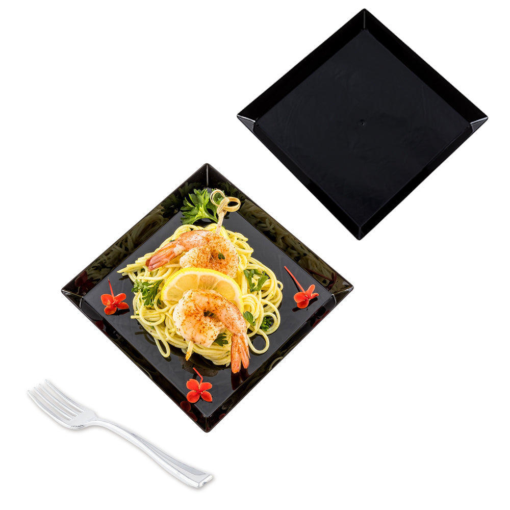 100-Pack Black 5-Inch Square Modern Plastic Plates & 100-Pack Silver 4-Inch Mini Plastic Forks - Perfect for Parties, Picnics, and Catering Events