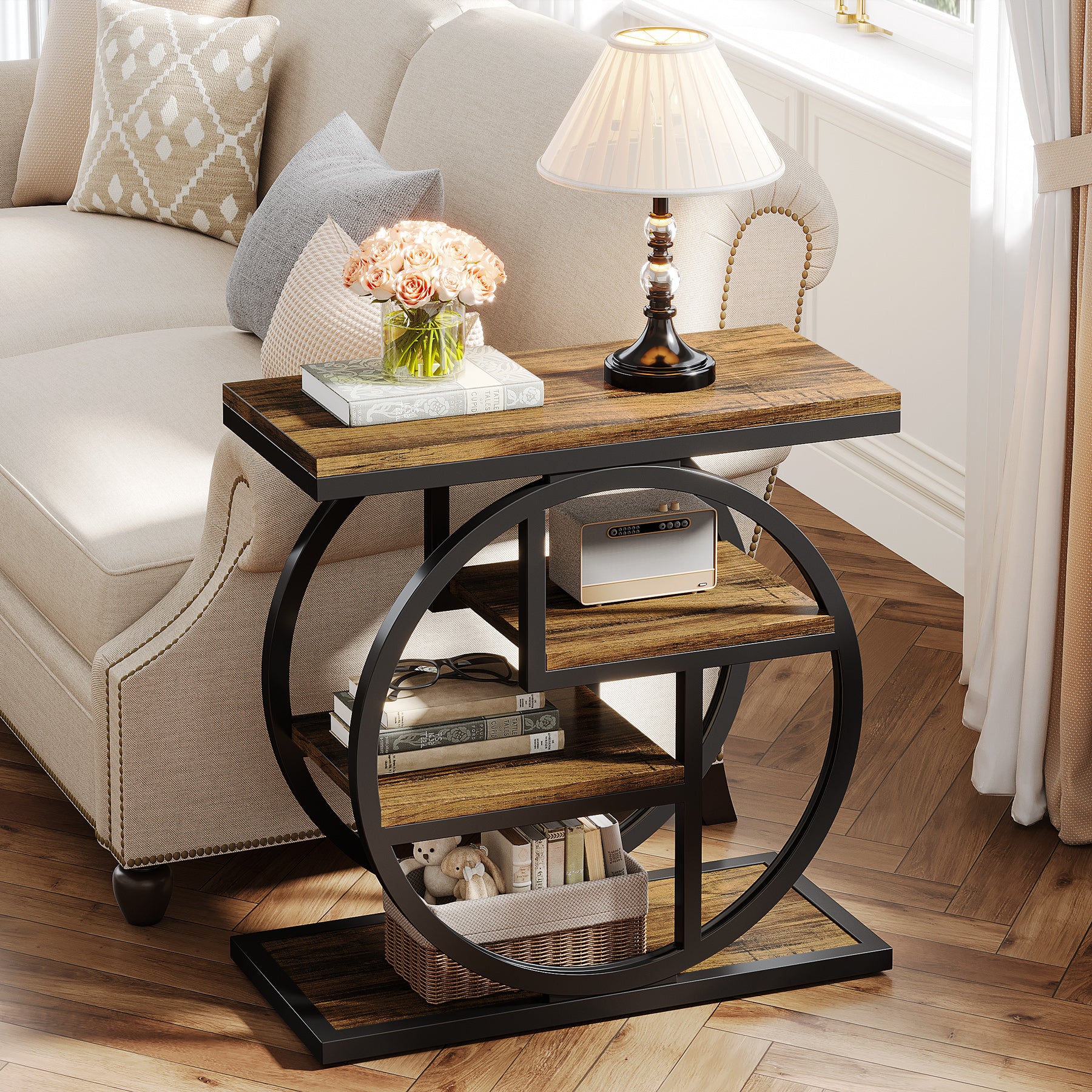 4-Tier Wooden End Table with Storage Shelves - Modern Side Table for Living Room, Bedroom & Office - Perfect for Organizing Books, Plants & Decor