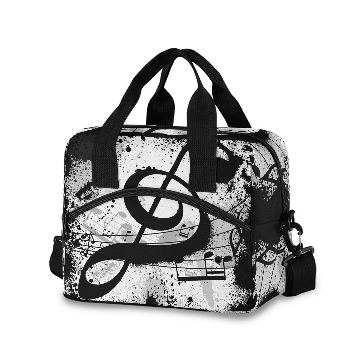 Insulated Black Music Notes Lunch Bag for Women & Men - Reusable Cooler Tote with Detachable Shoulder Strap & Carry Handle - Perfect for Work, School, Picnics & Outdoor Activities