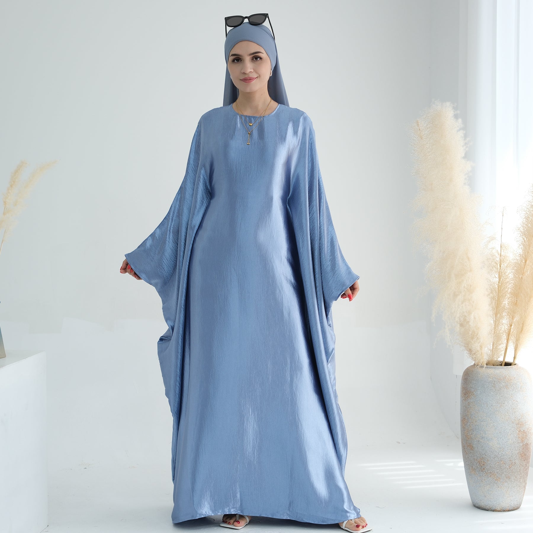 Elegant Blue Butterfly Satin Abaya Dress for Women - Modest Islamic Prayer Dress & Special Occasion Wear