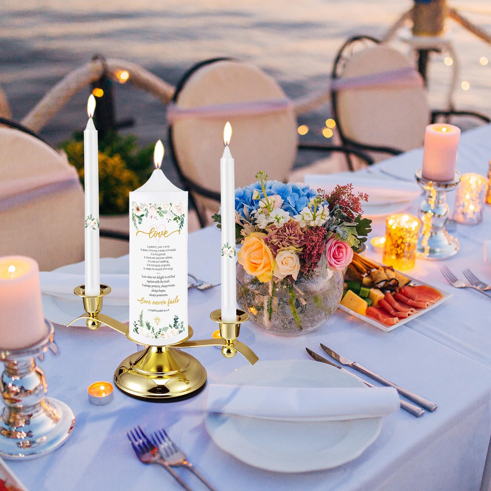 Landhoow Floral Wedding Candles Set - Golden Holder, White Pillar & Taper Candles for Catholic Ceremonies & Anniversaries