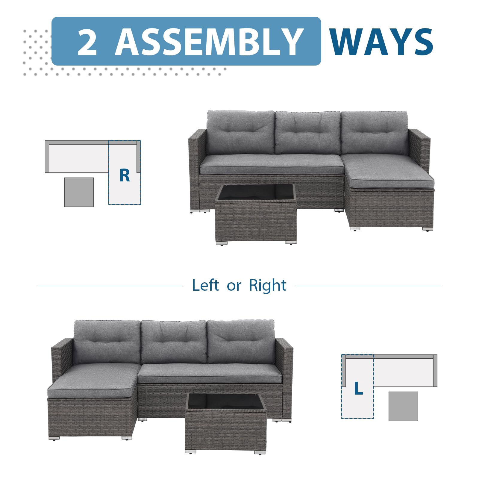 JOIVI 3-Piece All-Weather Outdoor Patio Furniture Set - Wicker Rattan Sectional Sofa with Cushions & Tempered Glass Table - Gray - Perfect for Backyard, Garden, Poolside & Patio Relaxation