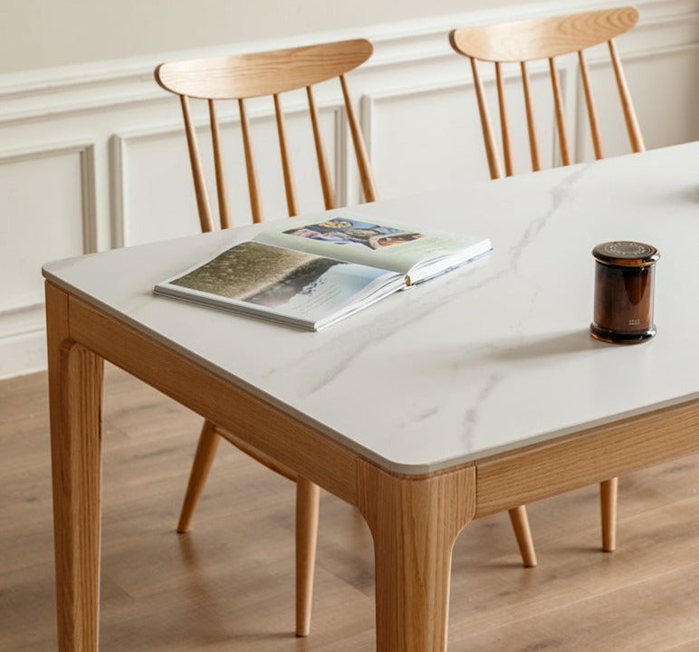 Solid Oak & Ash Wood Dining Table with Natural Rock Slab Surface - Rustic Farmhouse Style for Dining Room & Kitchen Decor