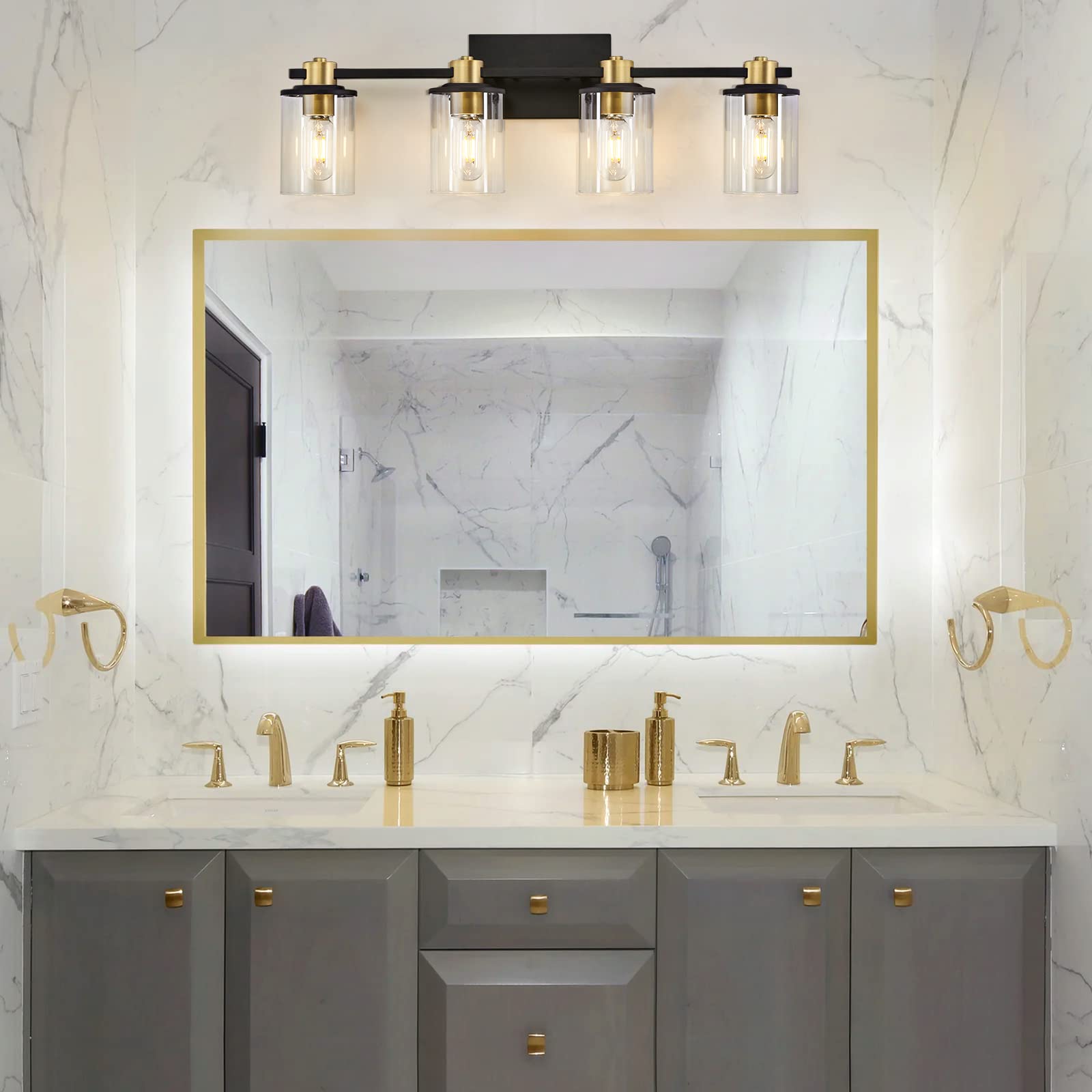 Stambord 4-Light Black and Gold Bathroom Vanity Light Fixture with Clear Glass Shade - Modern Wall Sconce Lighting for Bathroom, Bedroom, Hallway - Perfect for Vanity Mirror Lighting and Home Décor