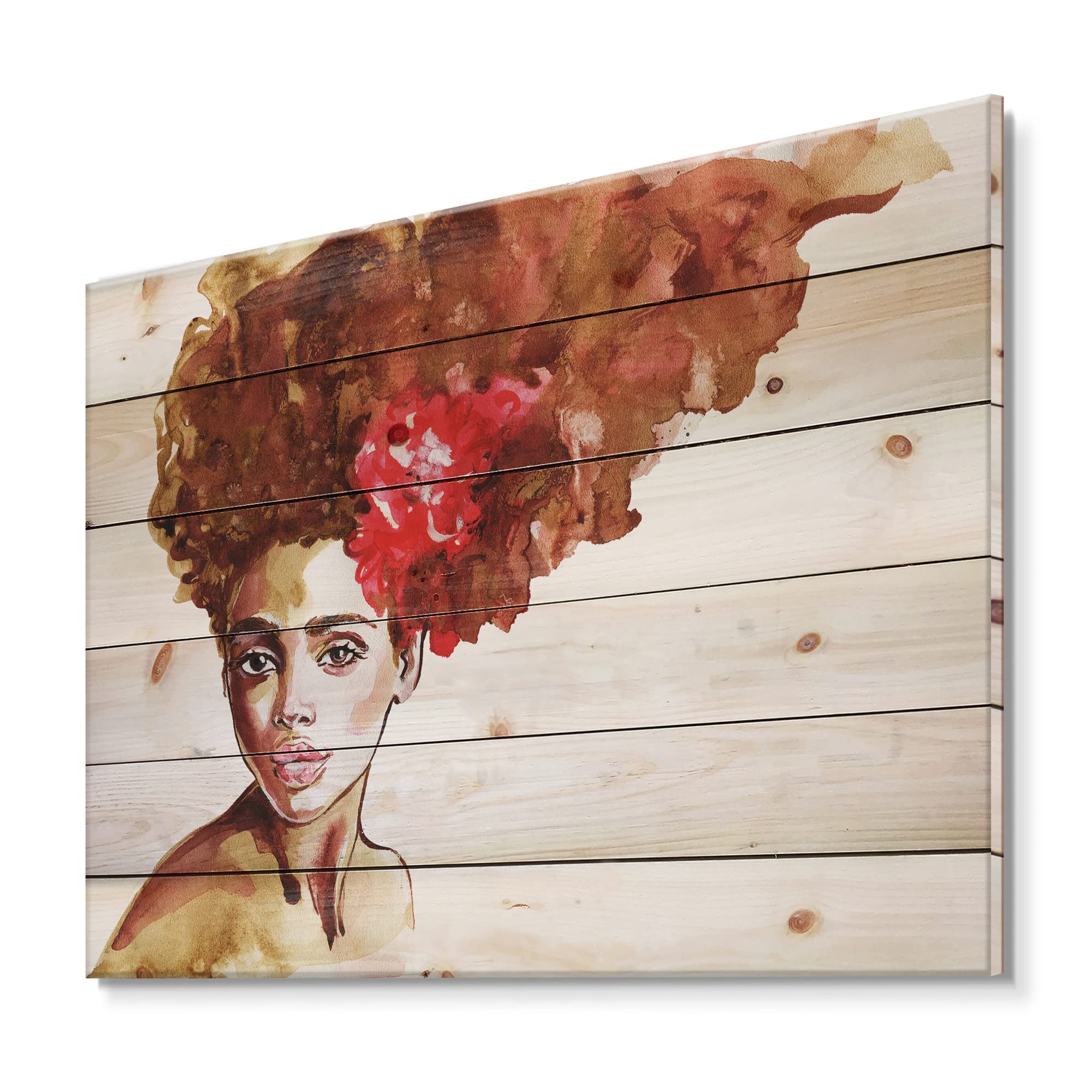 Modern Afro American Woman Wood Wall Art - Brown Pine Decor for Living Room