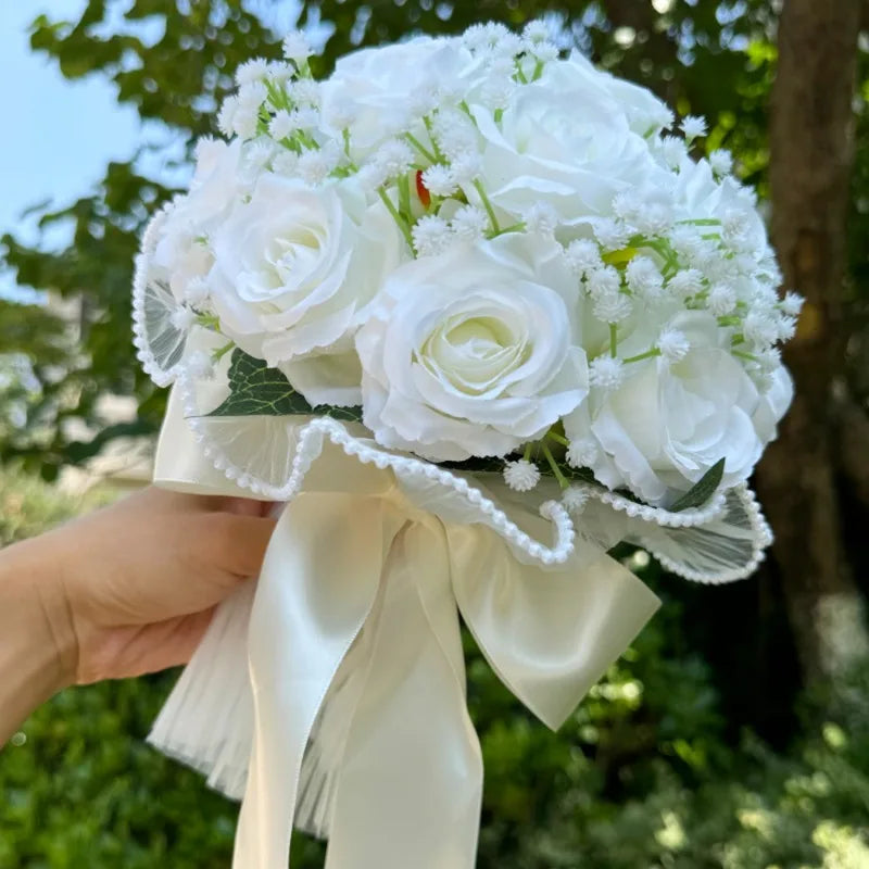 Elegant Silk Rose Bridal Bouquet with Pearl & Lace Accents - Perfect for Weddings, Bridesmaids & Anniversary Celebrations