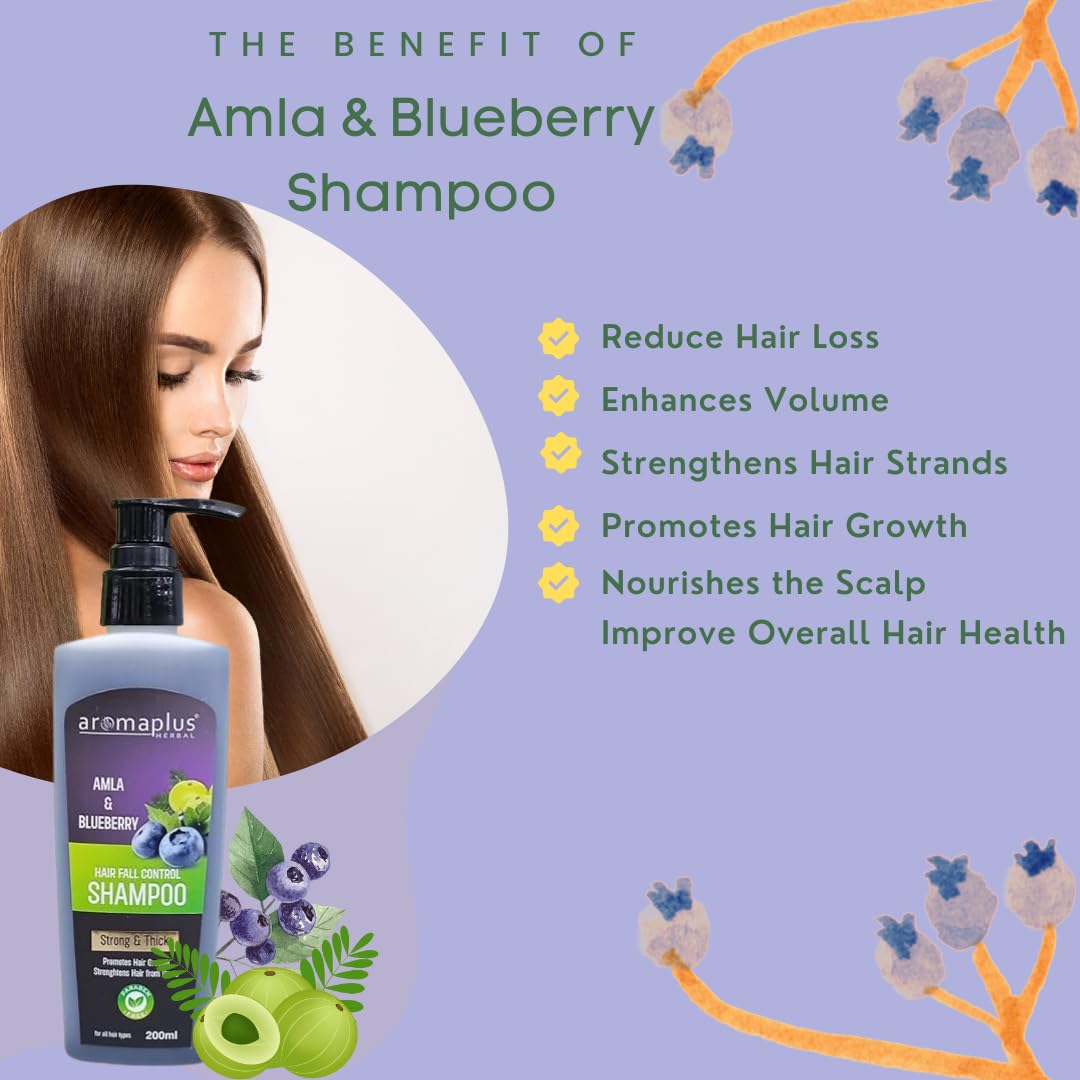Aromaplus Herbal Amla & Blueberry Shampoo for Strong Thick Hair Growth | Strengthens Hair from Roots | 200ml X 2 Pack | Natural Hair Care for Daily Use & Scalp Nourishment