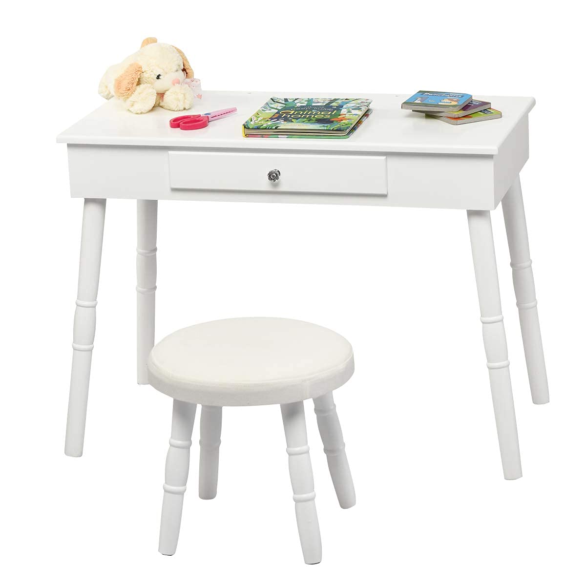 INFANS Wooden Kids Vanity Dressing Table & Stool Set with Real Mirror - Princess Pretend Play Makeup Dresser with Drawer for Little Girls - Perfect for Birthday Gifts, Bedroom Decor & Role Play Activities