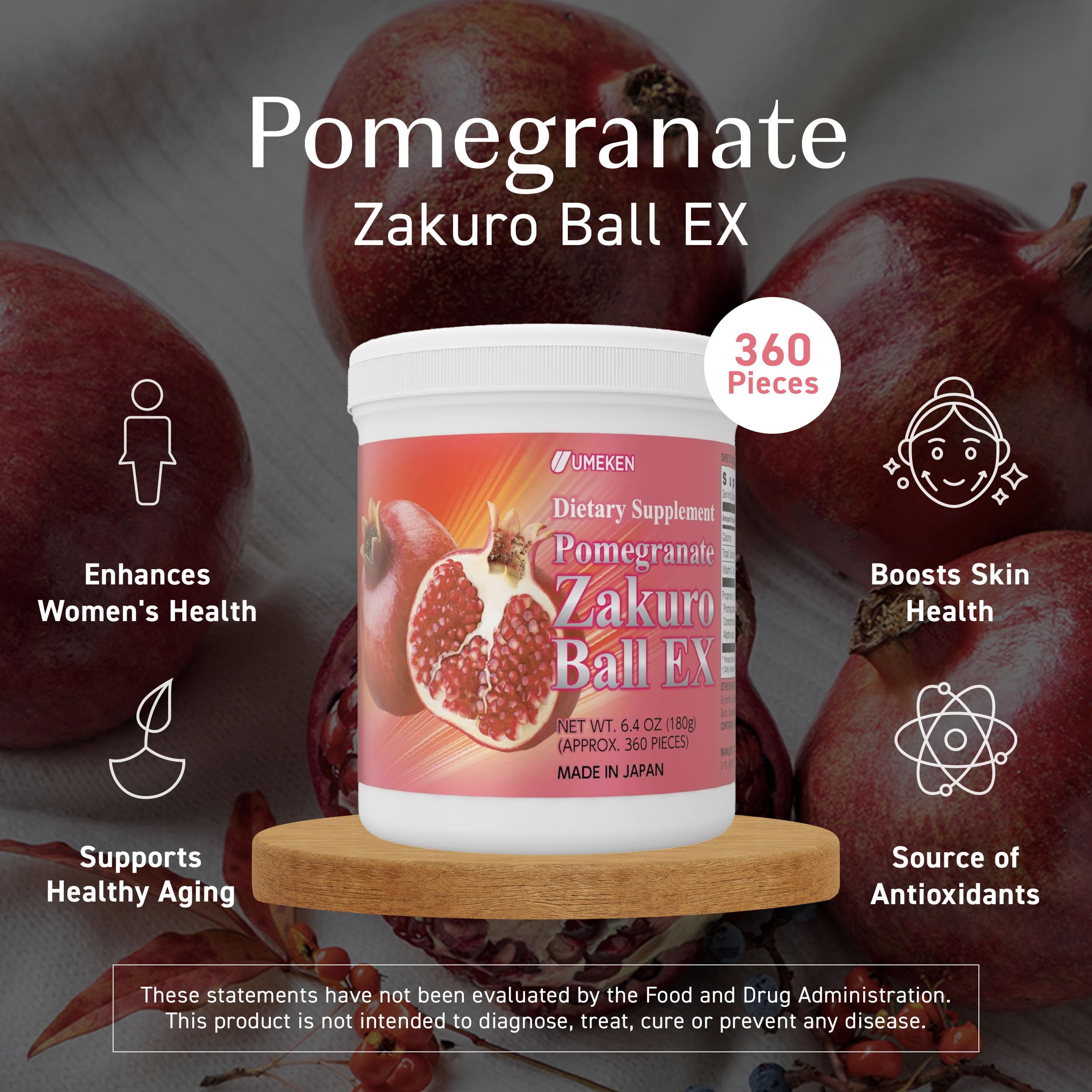 Umeken Pomegranate Balls - Natural Chewable Supplement with Vitamins, Minerals & Antioxidants | Japanese Pomegranate Extract for Women's Health | 360 Count (2 Month Supply) | Great for Daily Wellness & Energy Support