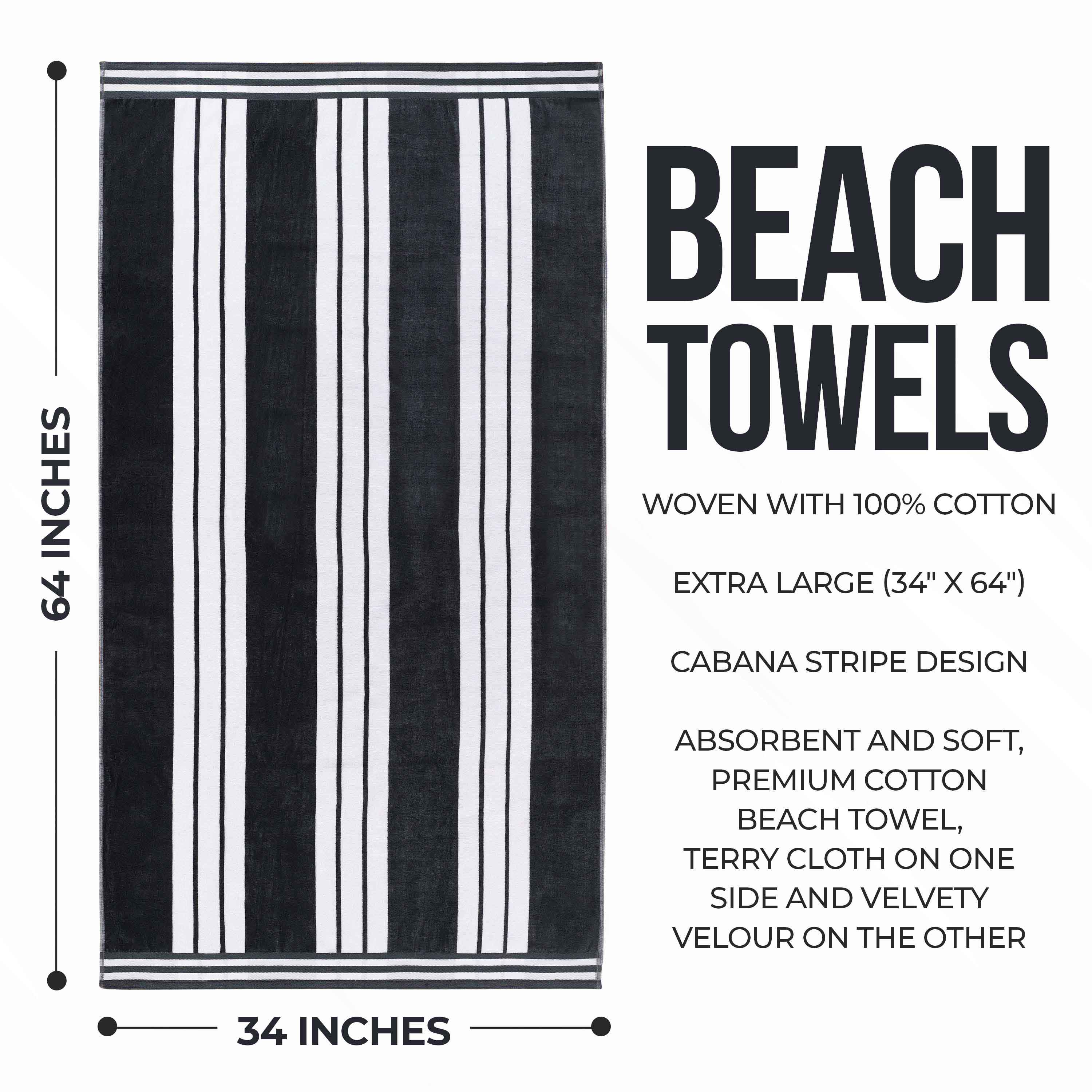 Premium Oversized Cabana Striped Cotton Beach Towel Set - 2, 4, or 6 Pack - Soft Quick-Dry Bath Towels for Pool, Beach, Vacation & Spa Days