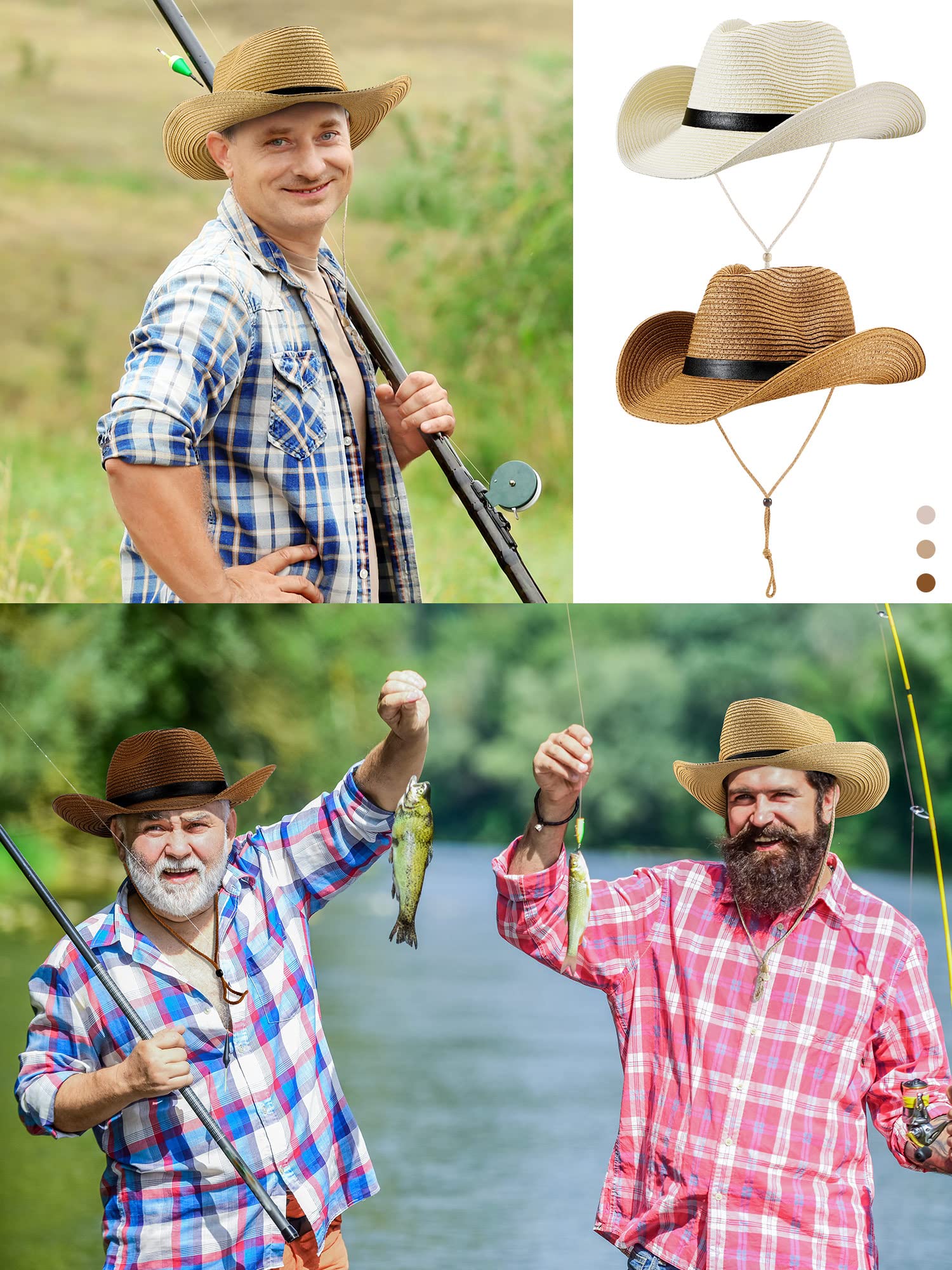 Giegxin 4 Pack Sun Straw Cowboy Hats for Men & Women - Western Cowgirl Summer Hats with Adjustable Wind Lanyard - Perfect for Beach, Outdoor, Rodeo and Country Music Festivals
