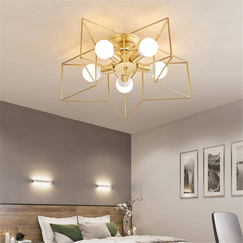 KWOKING Modern 5-Light Gold Star Shaped Flush Mount Ceiling Fixture - Minimalist Hanging Lighting for Bedroom, Living Room & Dining Room