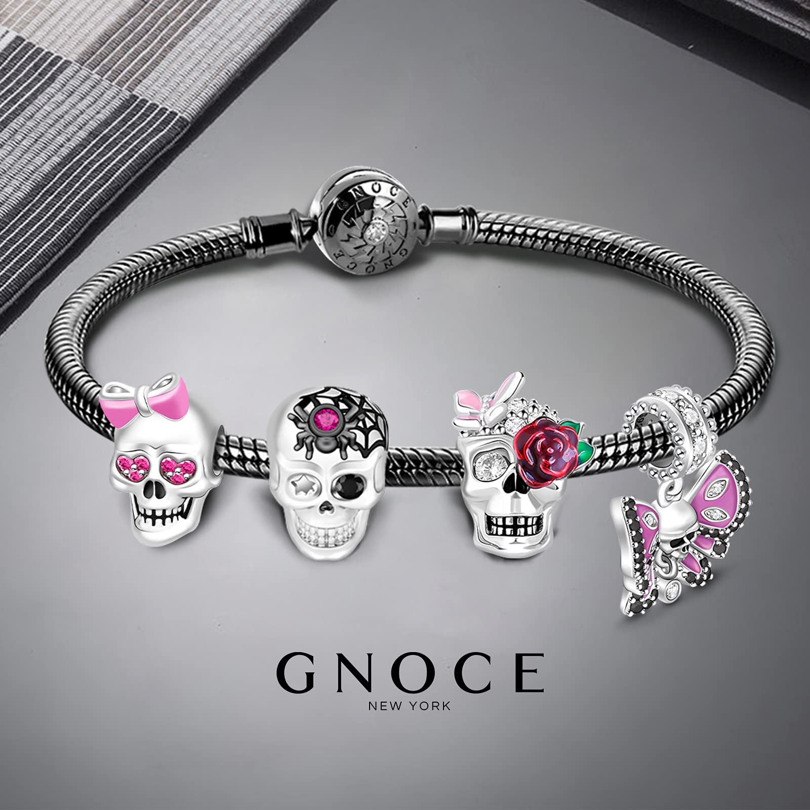 GNOCE S925 Sterling Silver Sugar Skull Charm for Women - Rose Skull Pendant for Bracelets & Necklaces - Perfect for Day of the Dead Jewelry, Boho Fashion & Gift Giving