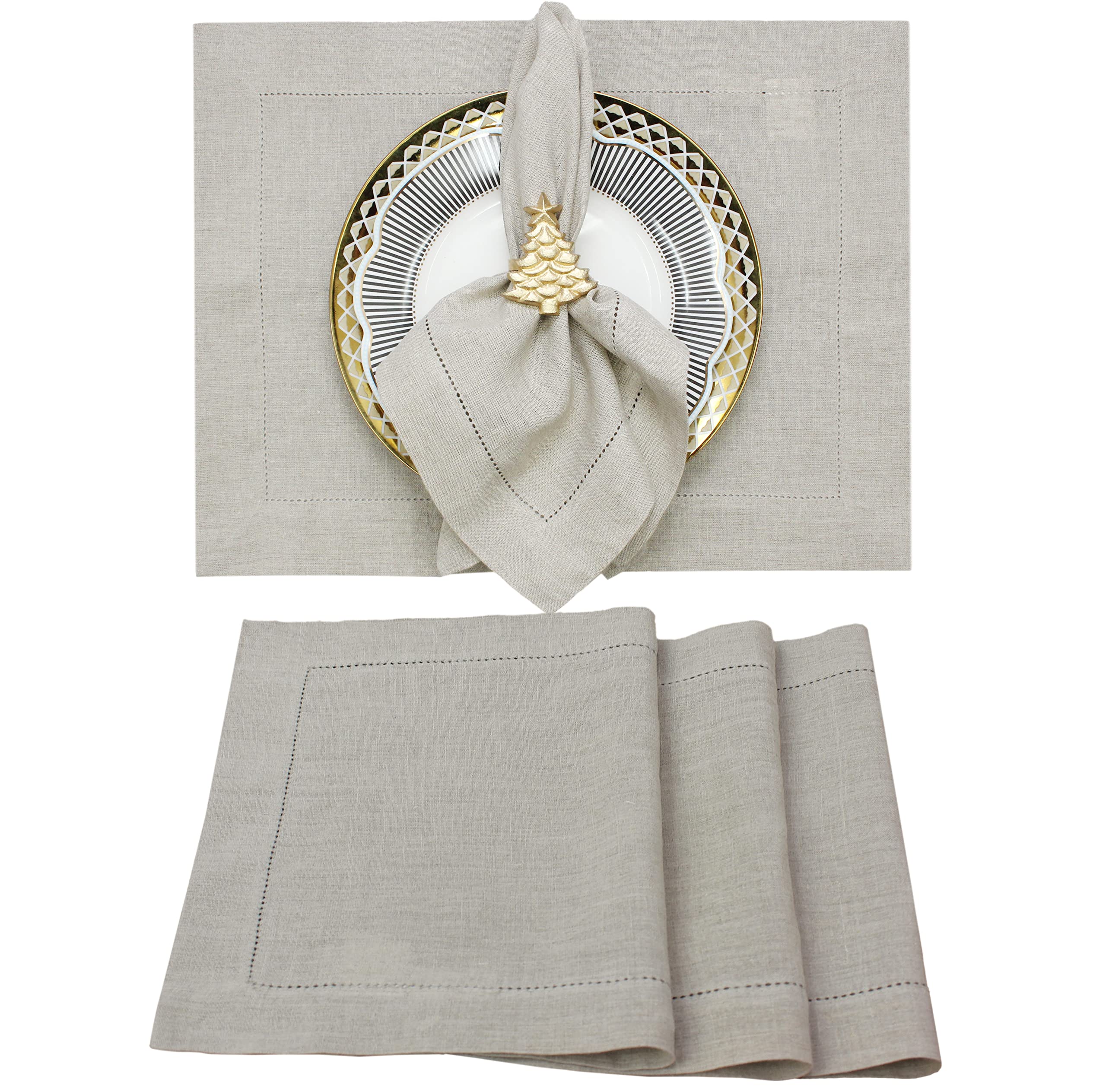 Premium Linen Placemats Set of 4 - Handcrafted 100% Pure Linen Table Mats with Elegant Hemstitch Detail - 14x19 Inch Natural Beige Tableware - Perfect for Casual Dining, Formal Dinner Parties & Holiday Entertaining - Machine Washable Kitchen & Dining Essentials by COTTON CRAFT