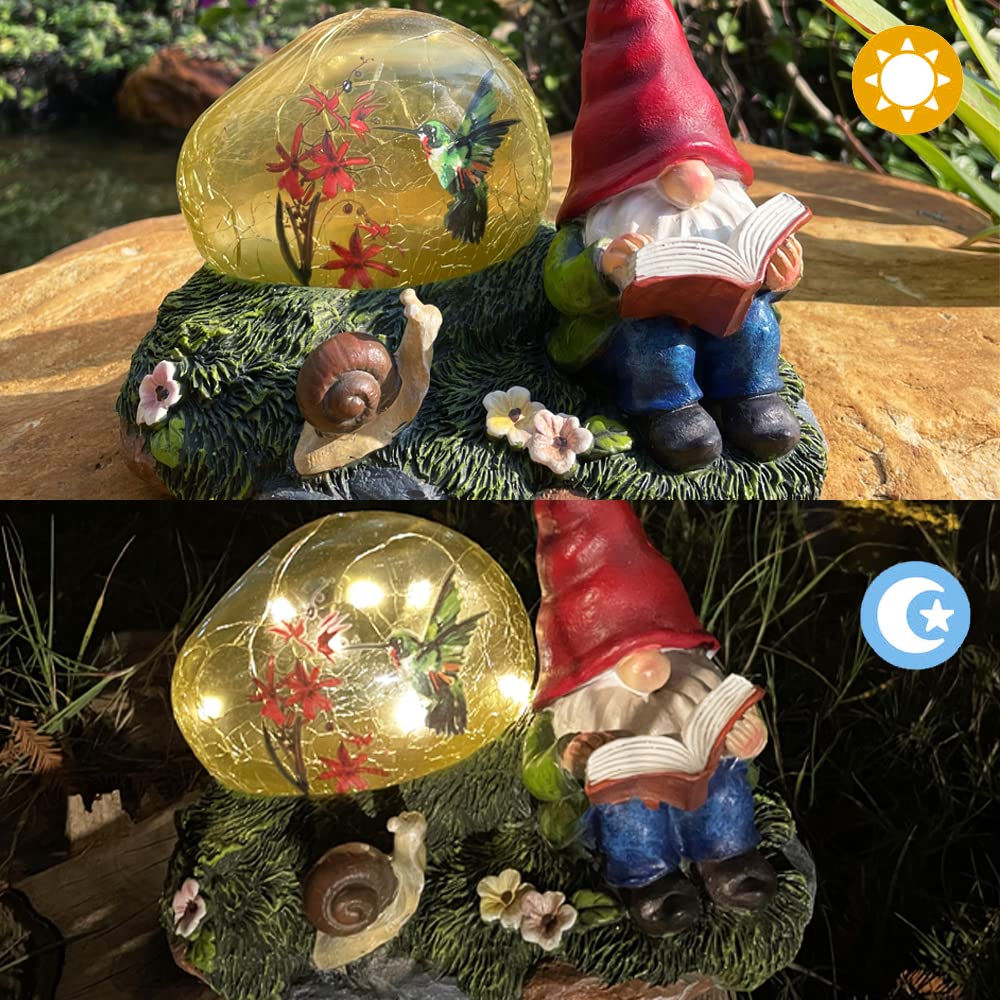 Solar Powered Garden Gnome with Red Hat & Snail - LED Solar Light Outdoor Decor, Weatherproof Resin Lawn Ornament for Yard, Patio & Garden Decorations - Perfect for Backyard, Flower Beds & Pathway Lighting