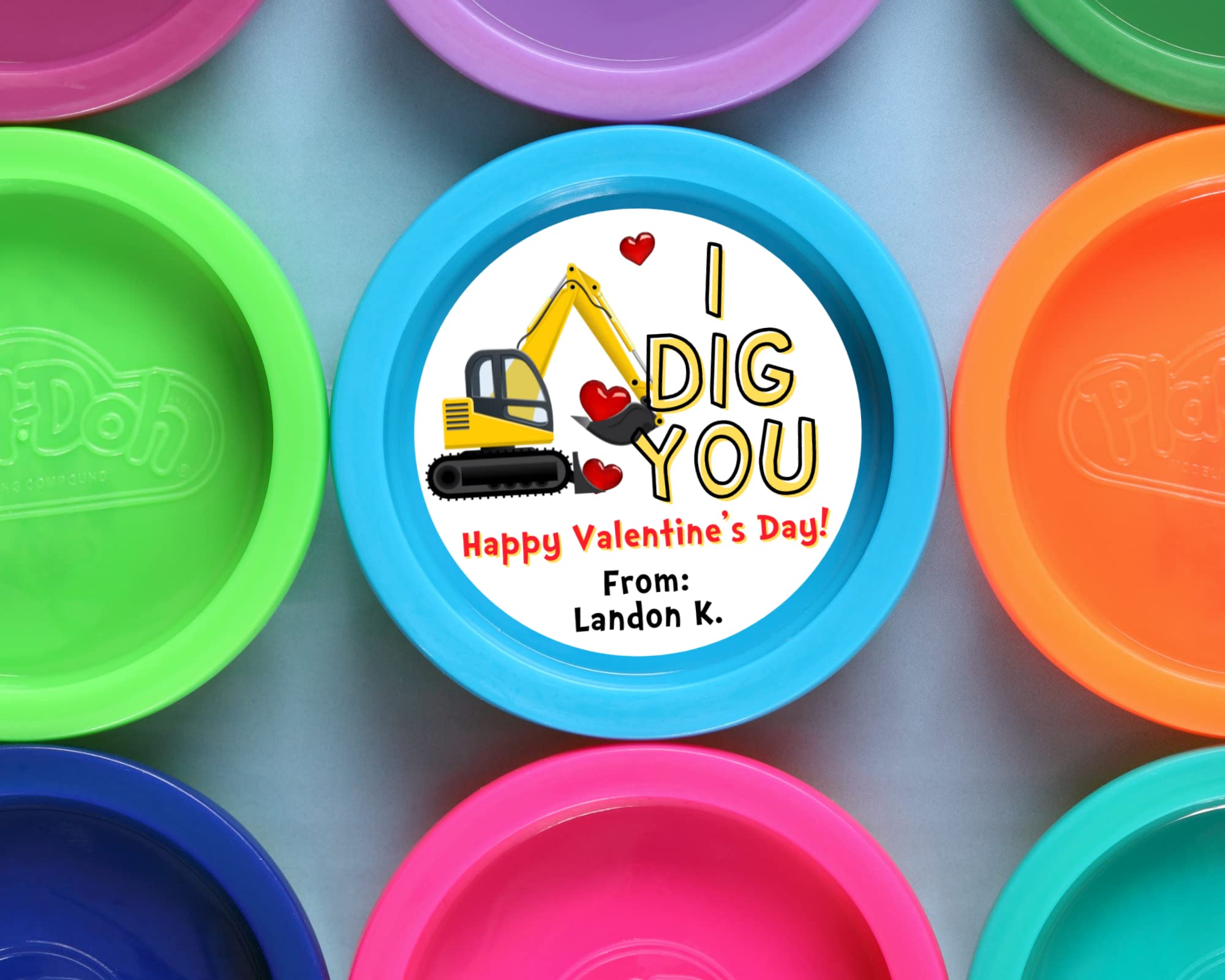 Custom Construction Digger Valentine's Day Stickers for Kids - 20-Pack 2 Inch Classroom Valentines Favors - Personalized Boy's Valentine Labels for School Parties & Gifts