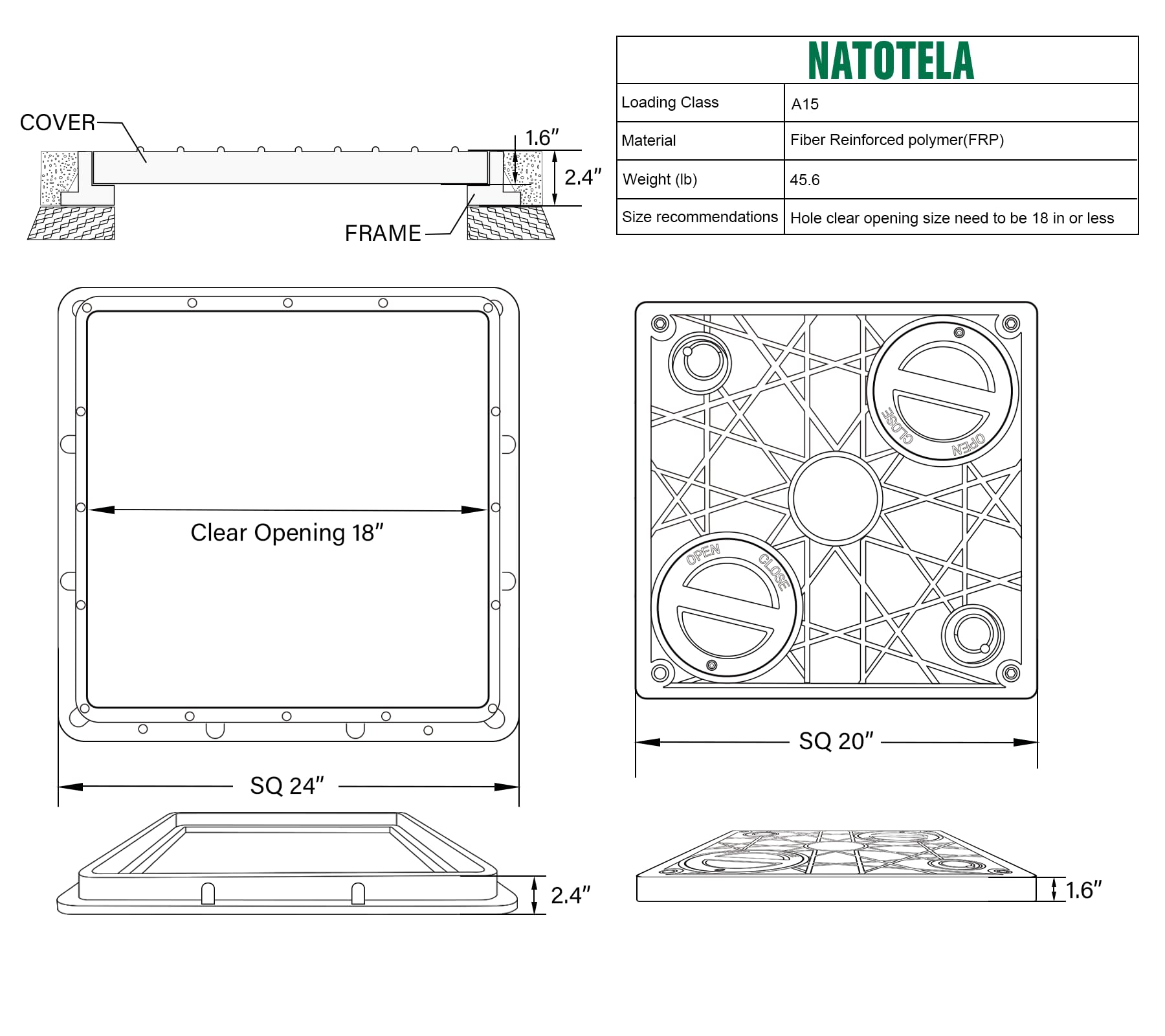 20x20in Lockable Anti-Theft FRP Manhole Cover with 2 Pipe Holes - 24x24in Reinforced Steel Sewer Cover Frame - Non-Slip Recessed Square Septic Tank Lid with Handles for Underground Utility Access, Drainage Systems & Stormwater Management