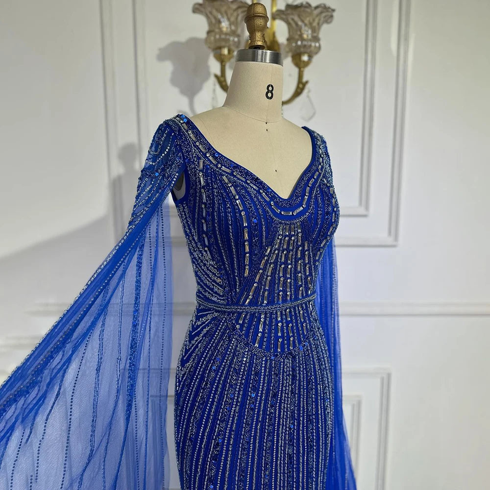 Elegant Dubai Royal Blue Beaded Arabic Evening Gown with Cape Sleeves - Luxury Women's Party Dress for Special Occasions | Perfect for Weddings, Galas & Formal Events 2025 LA72502