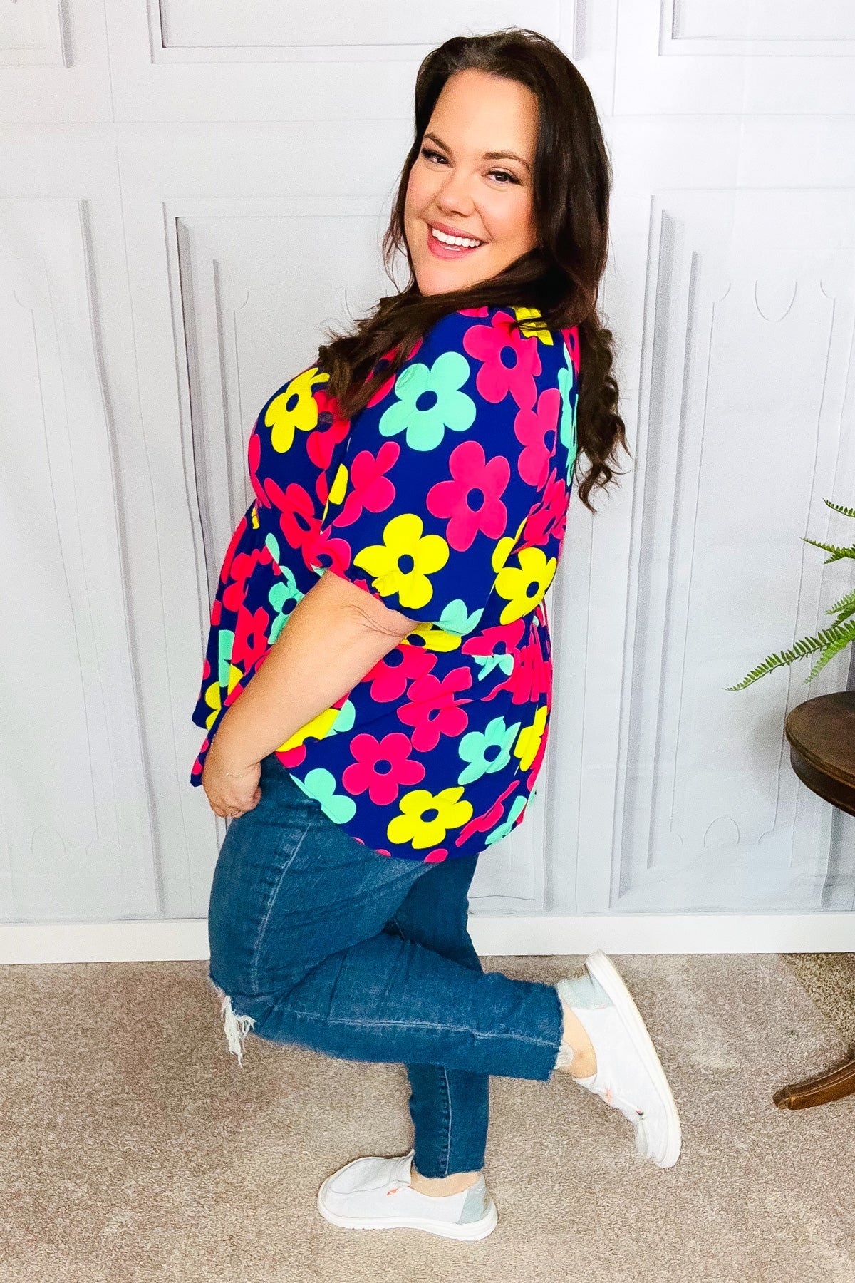 Haptics Navy Blue Floral Print Bubble Sleeve Babydoll Raglan Top - Casual Chic Blouse for Women, Perfect for Date Nights & Summer Outfits