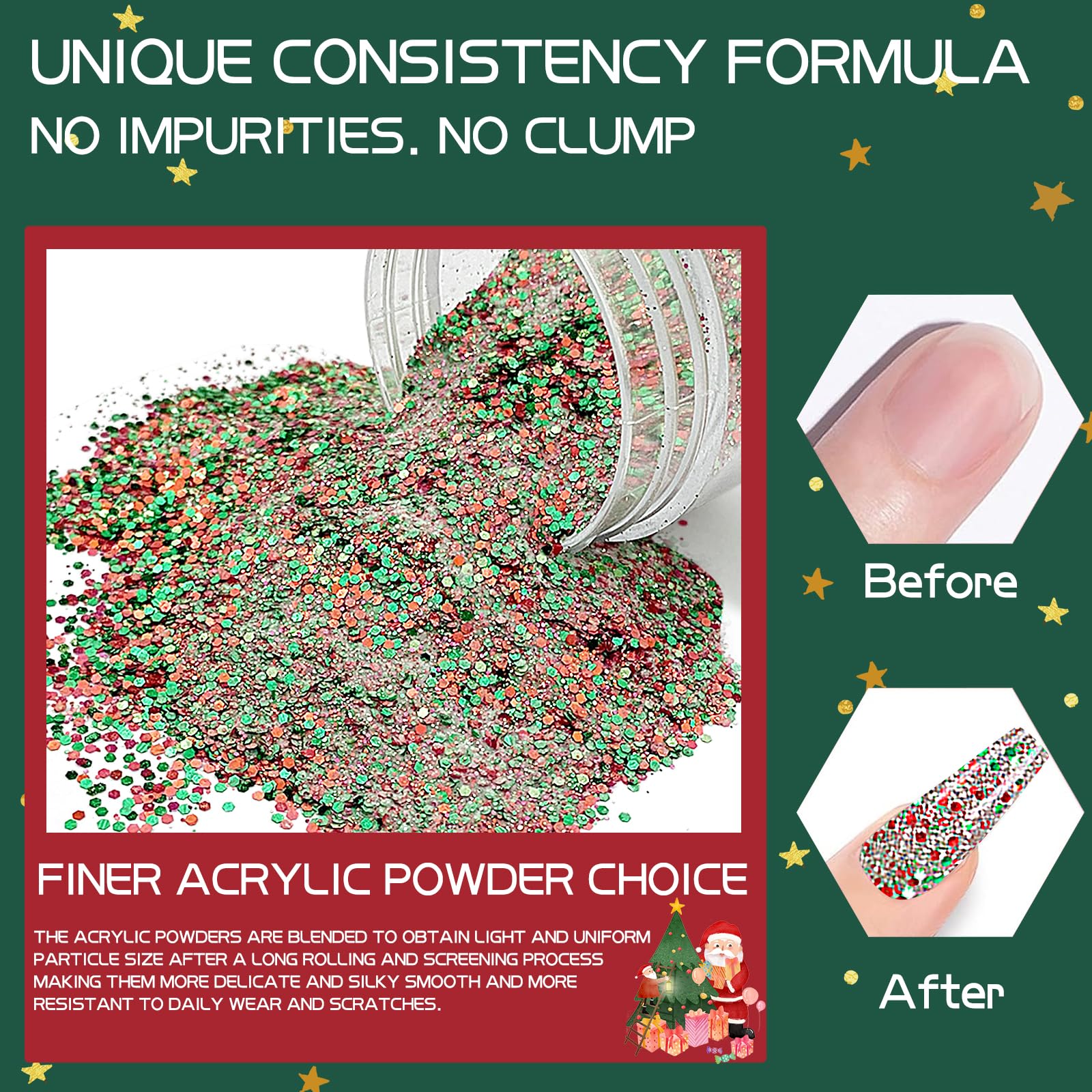 Professional Red & Green Christmas Glitter Acrylic Powder for Nail Extensions, French Nail Art, 3D Flowers & Nail Carving - 60g (YSHUJF012) | Perfect for Holiday Parties, Bridal Nails & DIY Manicures
