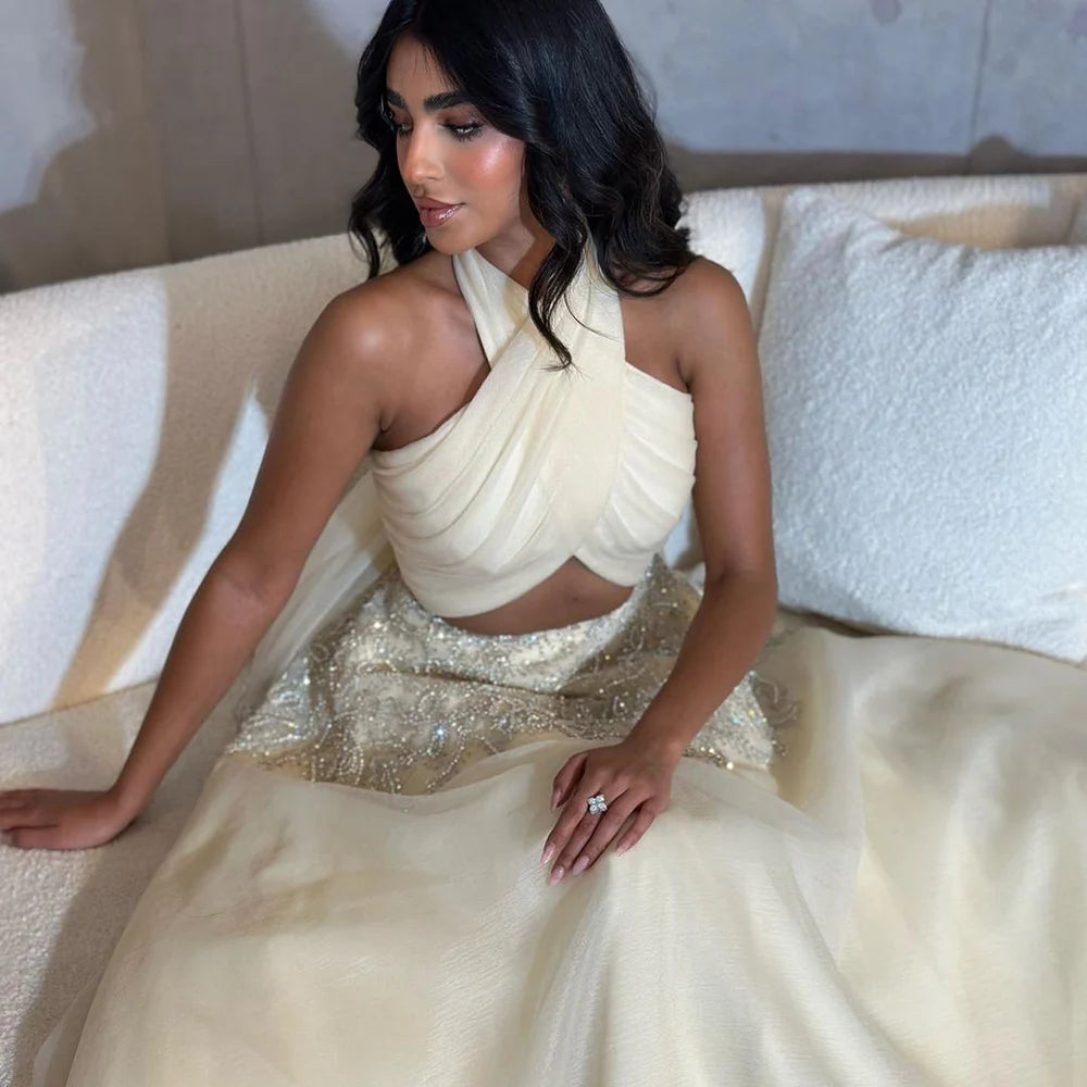 Luxury Beaded Halter Evening Gowns for Women - Serene Hill Dubai Arabic Beige A-Line Dress for Wedding Party & Special Occasions | Elegant Formal Gown LA72278 | Perfect for Red Carpet Events, Galas & Cocktail Parties