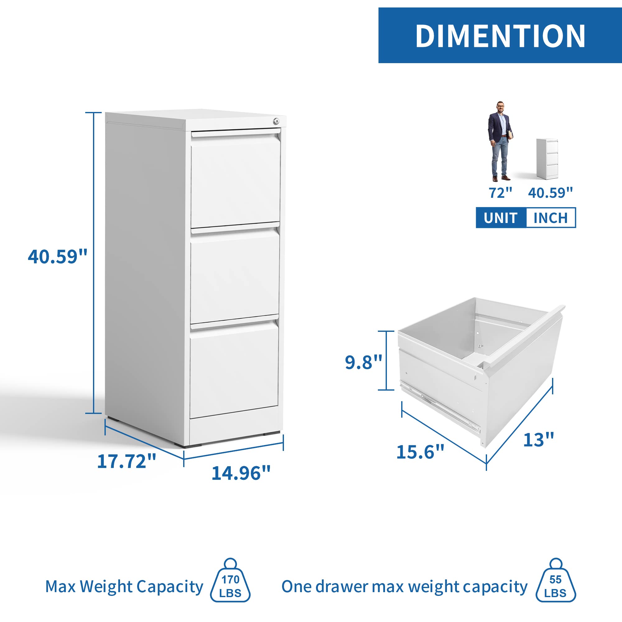 3-Drawer Vertical File Cabinet with Lock - White Hanging File Organizer for A4, Legal & Letter Size Documents - Perfect for Home Office & Workspace Storage