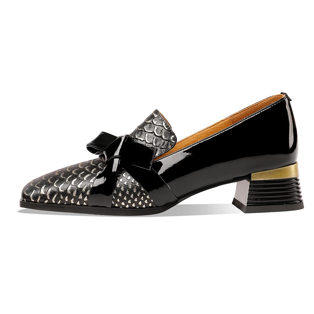 TinaCus Women's Handmade Square Toe Low Chunky Heel Loafers - Stylish Patent Leather Slip-On Shoes with Bowknot for Office, Casual Wear & Daily Outfits