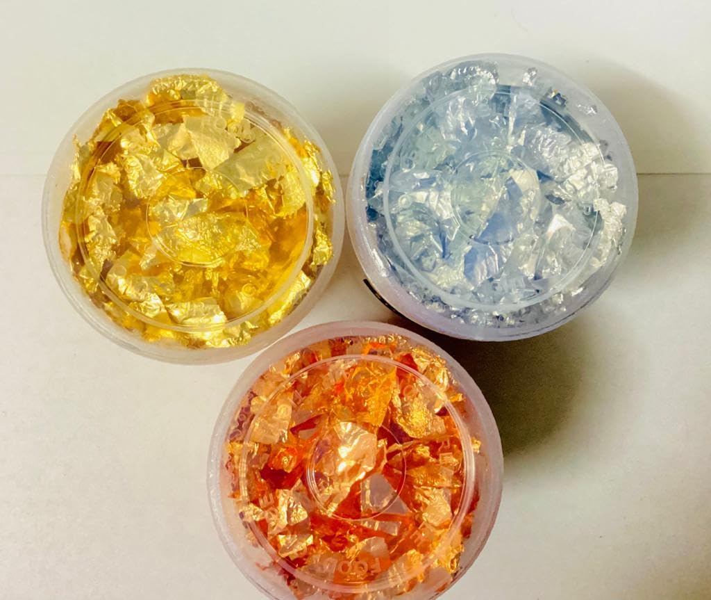 Premium Gold Leaf Flakes for Nail Art & DIY Crafts - 3 Bottles Kit (Gold, Silver, Copper) | Perfect for Epoxy Resin Jewelry, Nail Design, Slime Making & Metallic Gilding Projects
