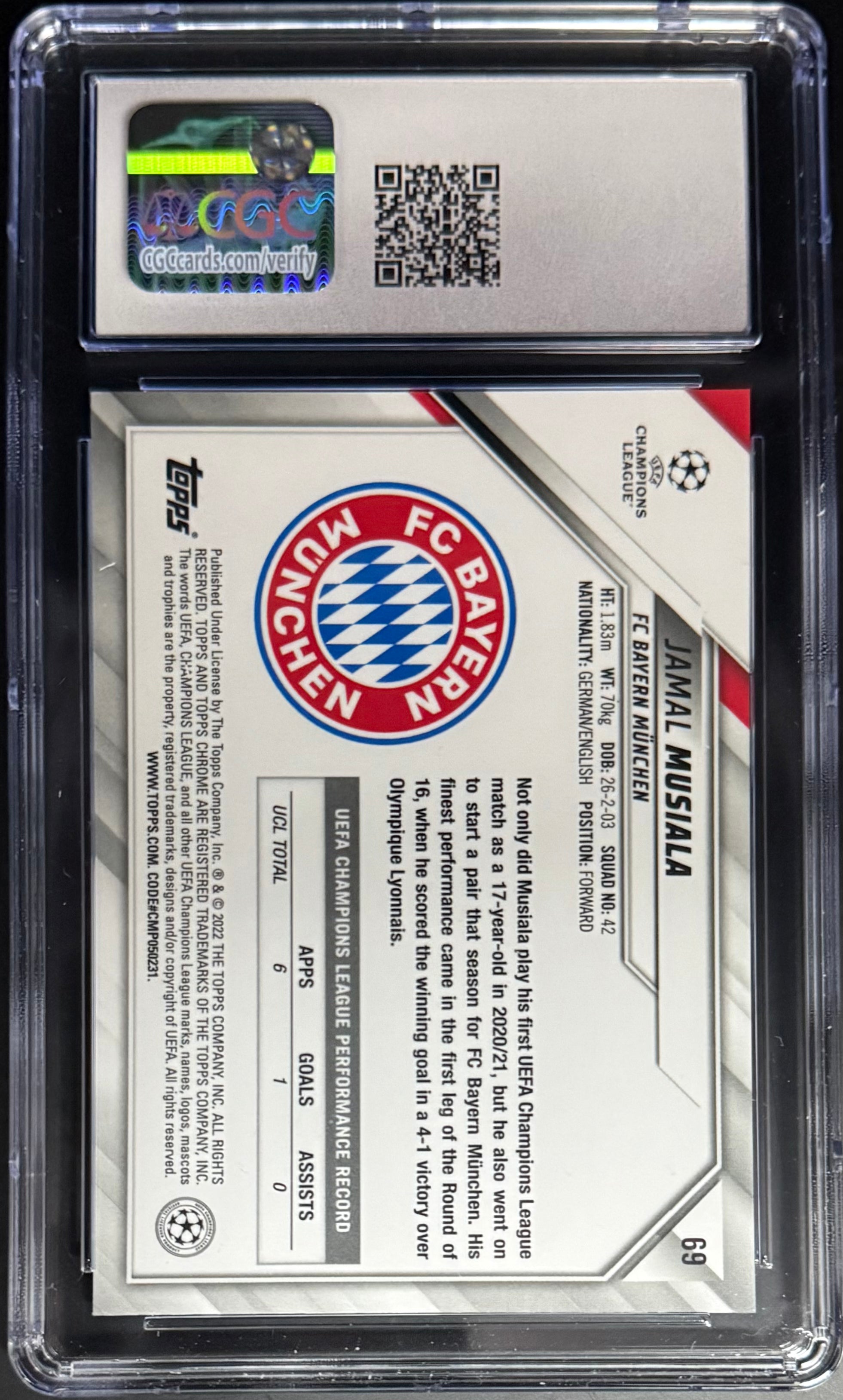 2021-22 Topps Chrome Jamal Musiala #69 UEFA Champions League Base Card CGC 10 - Perfect for Soccer Collectors and Bayern Munich Fans