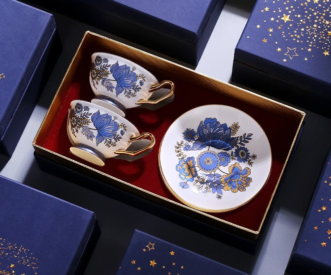 Elegant Ceramic Coffee Cups & British Tea Set with Iris Flower Design - Royal Bone China Porcelain Tea Cup and Saucer Set in Gift Box - Perfect for Afternoon Tea, Gifts, and Home Decor
