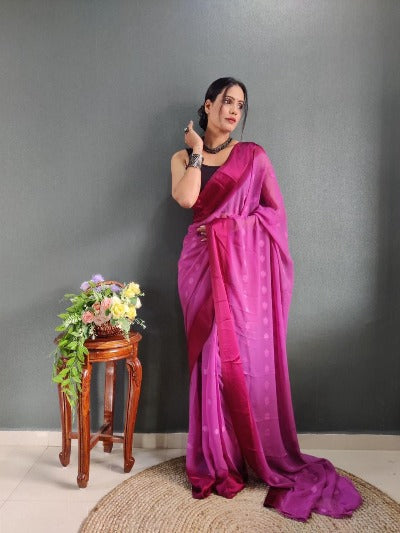 1 Minute Soft Georgette Satin Butti Stitched Ready-Made Saree - Elegant Indian Traditional Dress for Weddings, Parties & Festive Occasions