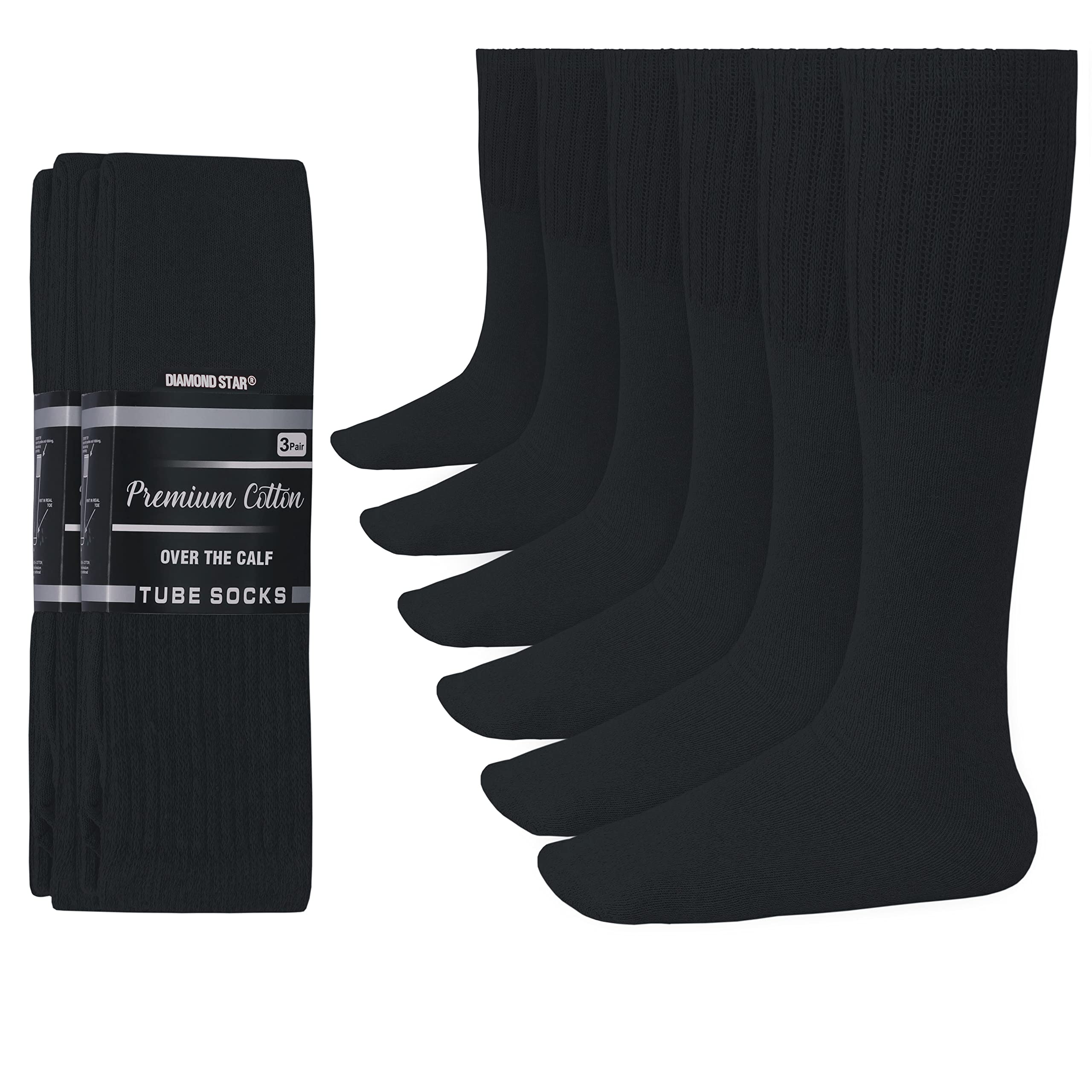 Premium 6-Pair Diamond Star Tube Socks for Men - Cushioned Cotton Over-The-Calf Athletic Knee High Socks - Big & Tall Size - Ideal for Running, Basketball & Everyday Comfort