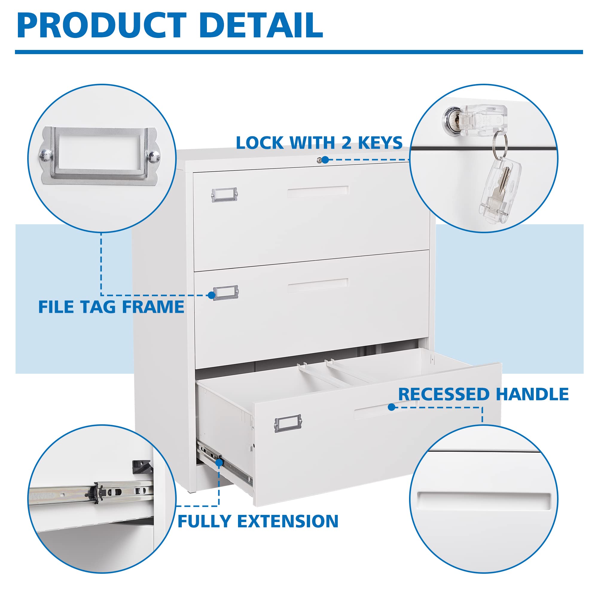 3-Drawer Metal Lateral File Cabinet with Lock - Steel Storage Cabinet for Legal/Letter/A4 Documents - Wide Office & Home File Organizer (Assembly Required) - Perfect for Workspaces, Home Offices & Storage Rooms