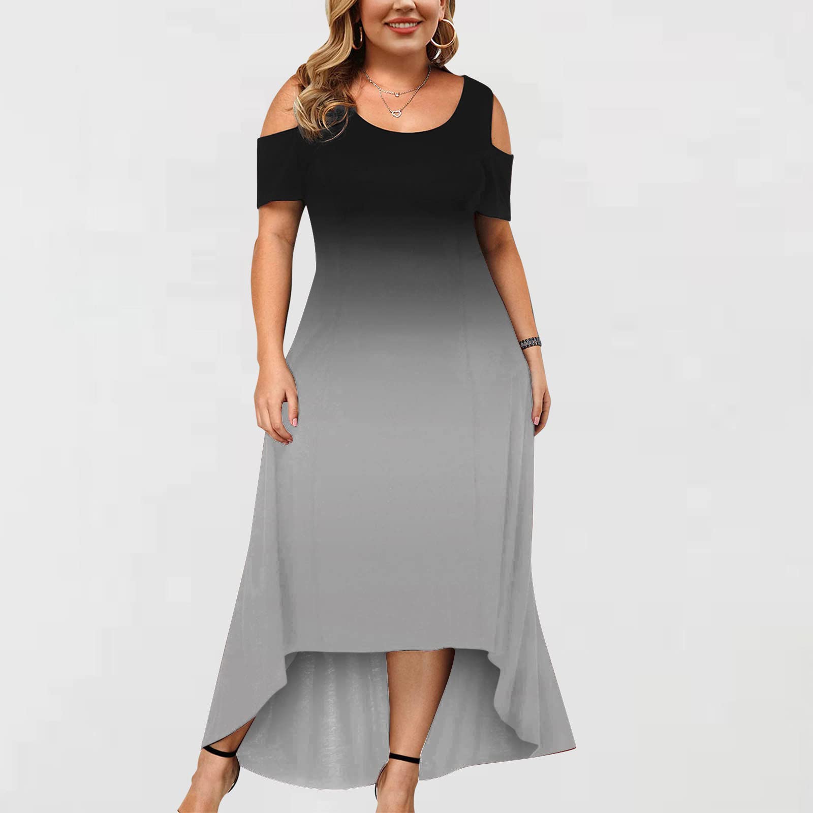 Plus Size Cold Shoulder Maxi Dress for Women - Floral Gradient Beach Sundress with Short Sleeves | Perfect for Summer Vacations, Beach Parties & Casual Outings