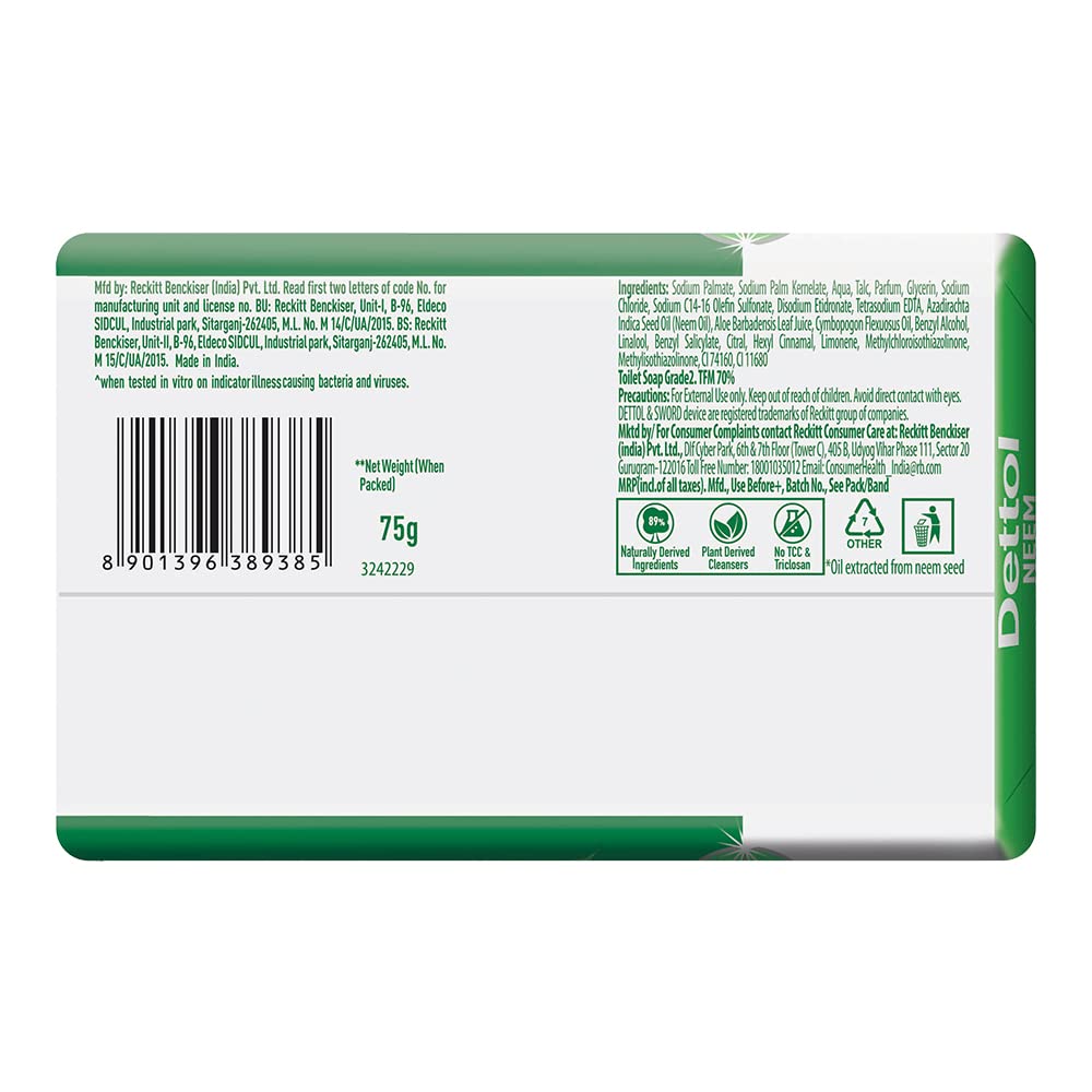 Dettol Neem Bathing Soap Bar with Pure Neem Oil - 75g (Pack of 2) | Antibacterial & Skin Care | Buy 3 Get 1 Free Combo Offer | Ideal for Daily Hygiene, Acne Treatment & Germ Protection