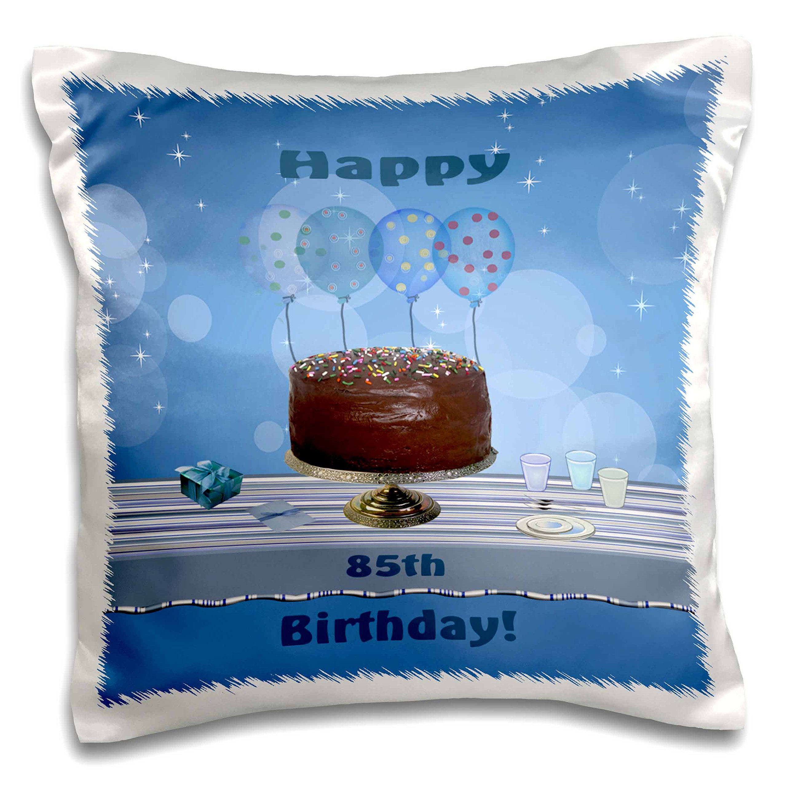 3dRose 85th Birthday Party Decor - Chocolate Cake & Blue Balloons Decorative Pillow Cover, 16 Inch - Perfect for Birthday Celebrations, Home Decor, and Gift Giving