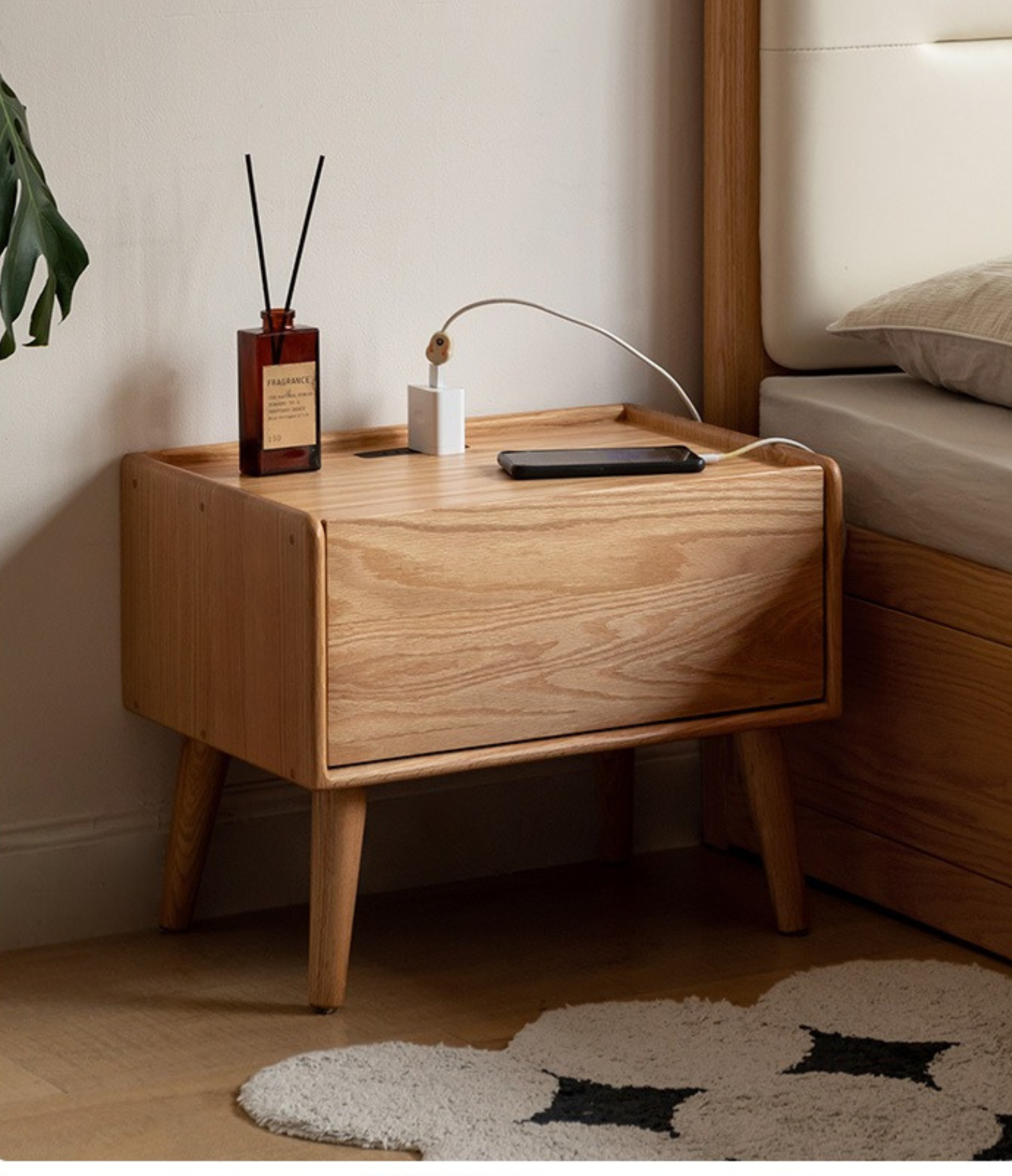 Solid Oak Wood Nightstand with Built-in USB Outlet - Perfect for Bedroom, Living Room, or Office Use