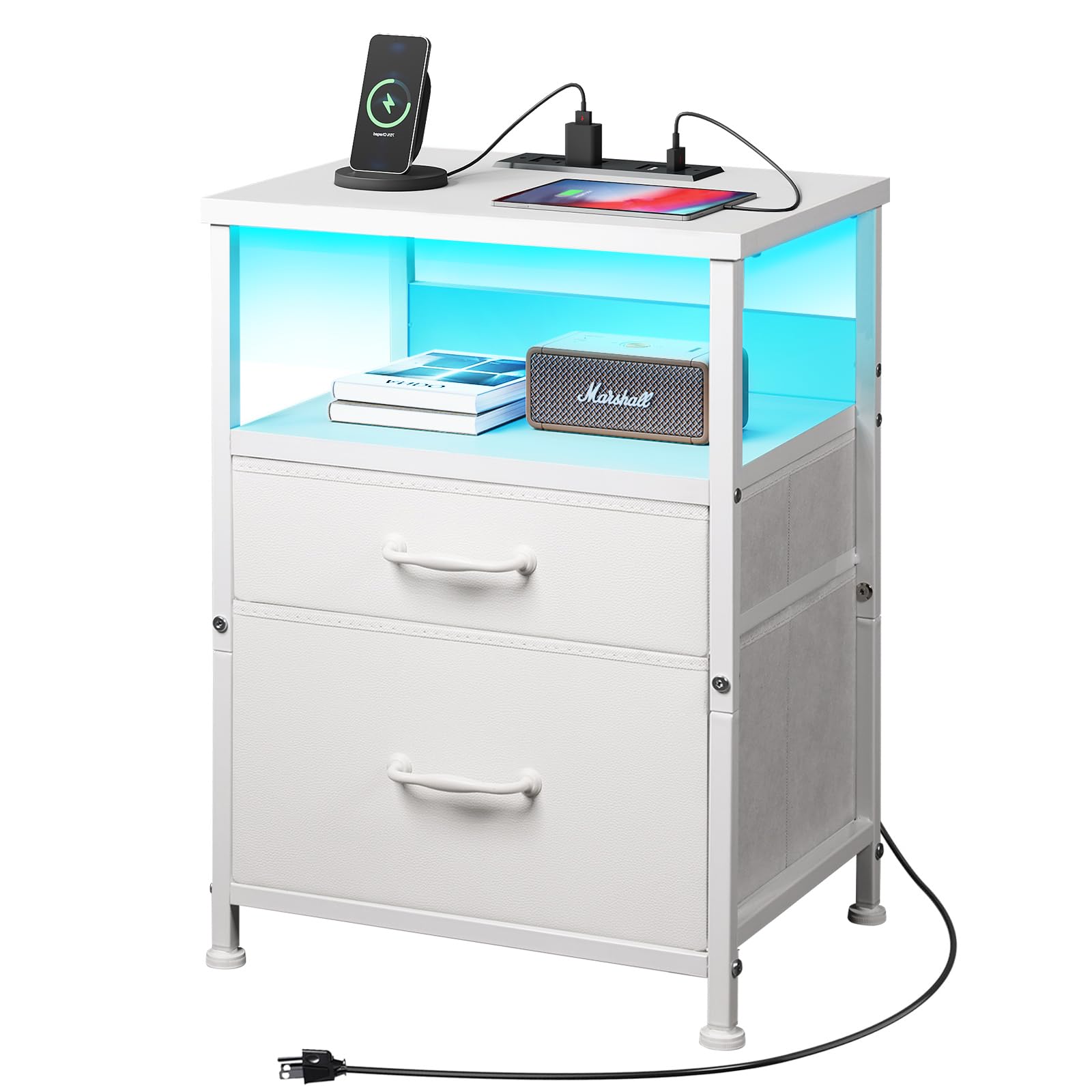 White Nightstand with Charging Station & LED Lights - 2 Fabric Drawers Bedside Table with Open Shelf, Outlets & USB Ports - Modern End Table for Bedroom, Living Room, Office - Perfect for Phone Charging, Reading & Storage
