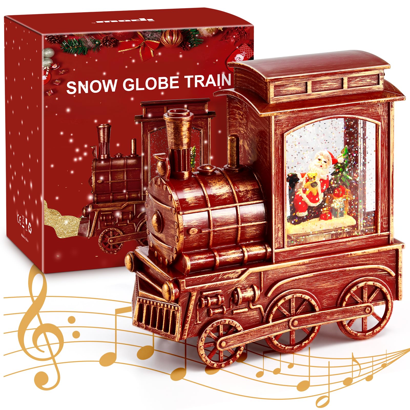 IPOW Christmas Santa Globe Lantern Train with Water Swirling Glitter - Musical Lighted Holiday Decor with 6-Hour Timer (USB/Battery Powered) - Perfect for Christmas Tree, Mantel, Tabletop & Home Decoration Gift