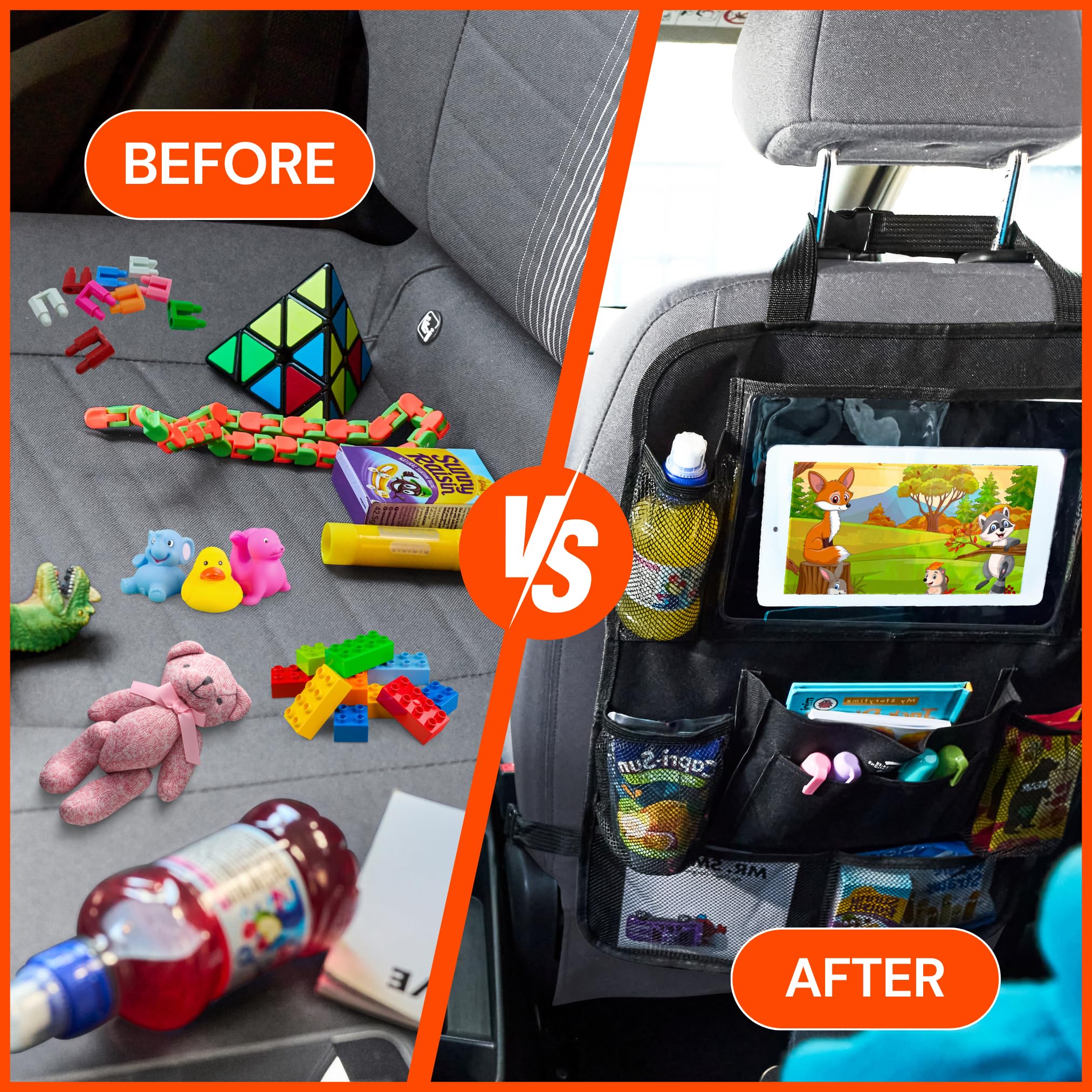 Backseat Car Organizer with Tablet Holder - 9 Storage Pockets & 4 Headrest Hooks - Kick Mat Back Seat Protector for Kids & Baby - Travel Accessories (2-Pack, Black) - Perfect for Road Trips & Family Travel